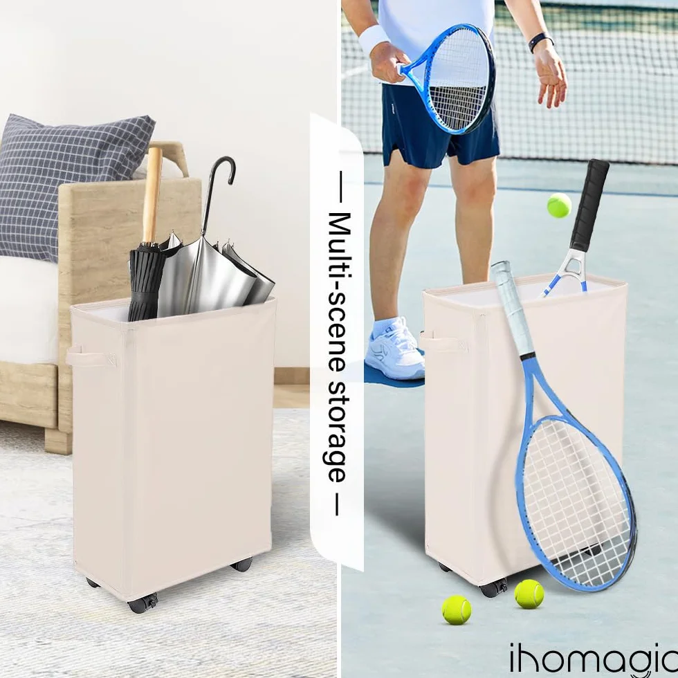 Cesto della Biancheria con Ruote 40L - Cesta del Bucato Sottile Pieghevole, Cesto Portabiancheria Rettangolare in Piedi, Sottile Secchi per La Biancheria per Hotel, Deposito Familiare (Beige)