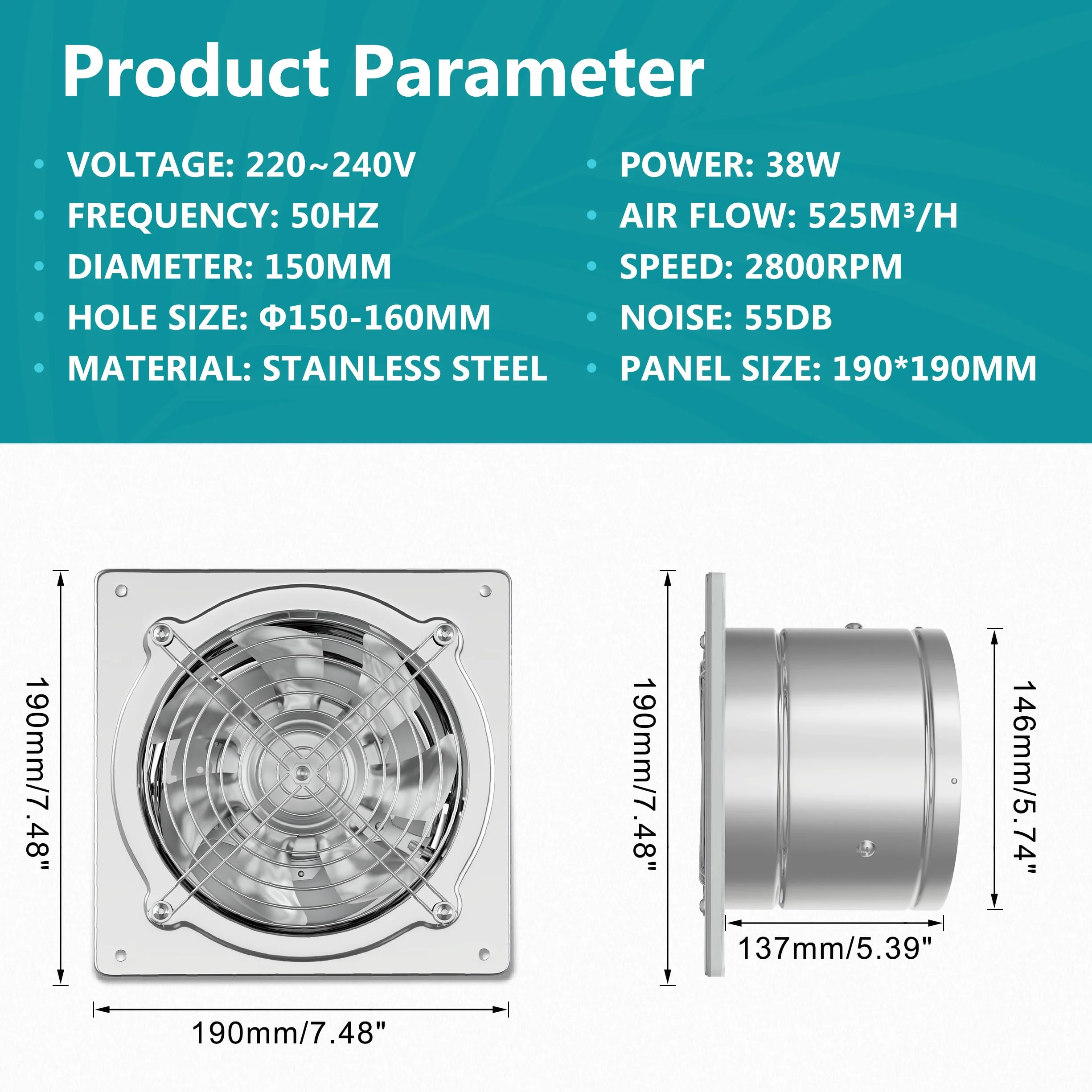 HG Power Estrattore Industriale 150mm 525 m³/h Ventola Aspirazione per Bagno Cucina