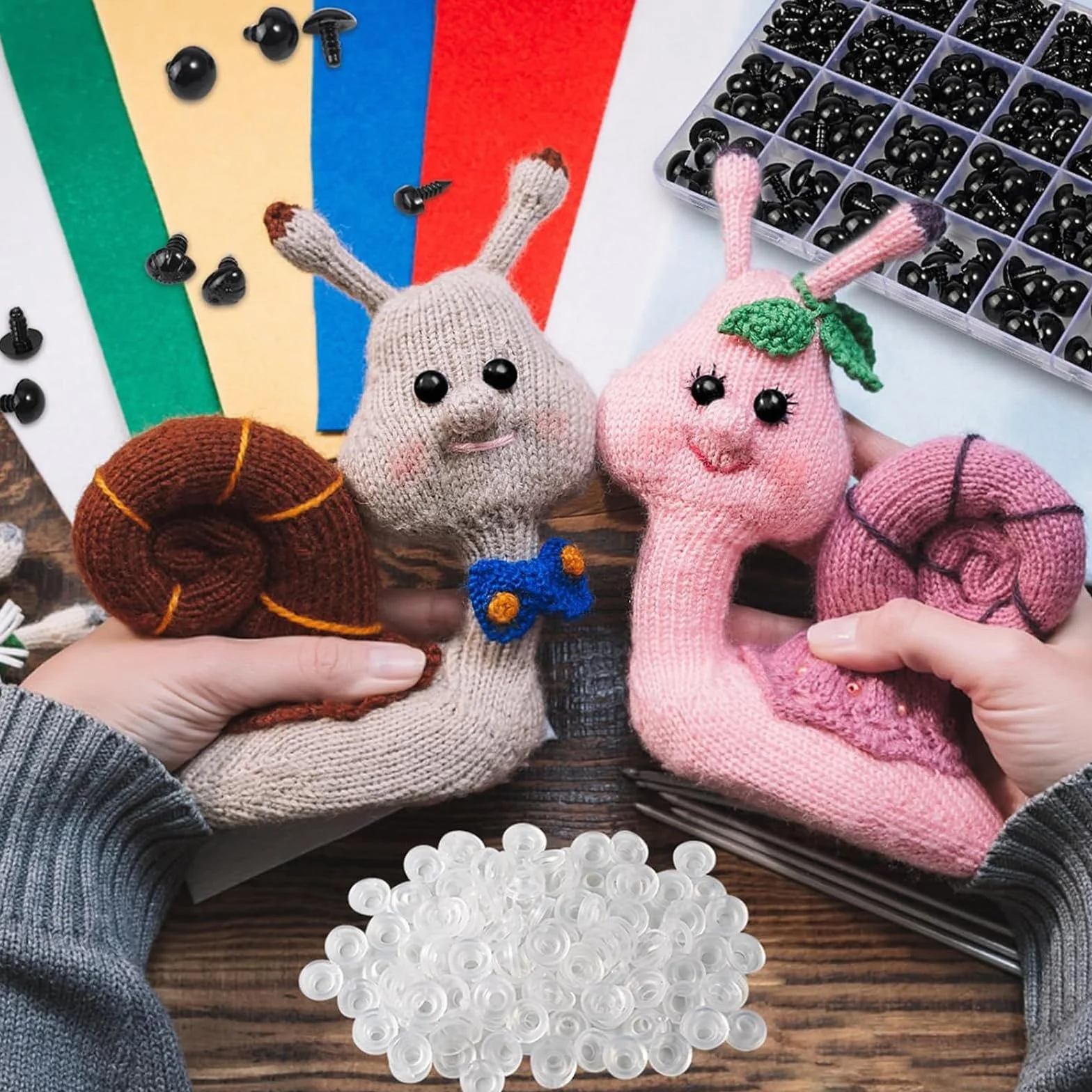 Foonary 1002 occhi a bottone in plastica, 6 – 14 mm, occhielli di sicurezza per animali all'uncinetto, 9 – 12 mm, per animali di peluche, occhi delle bambole con rondelle, accessori per giocattoli fai