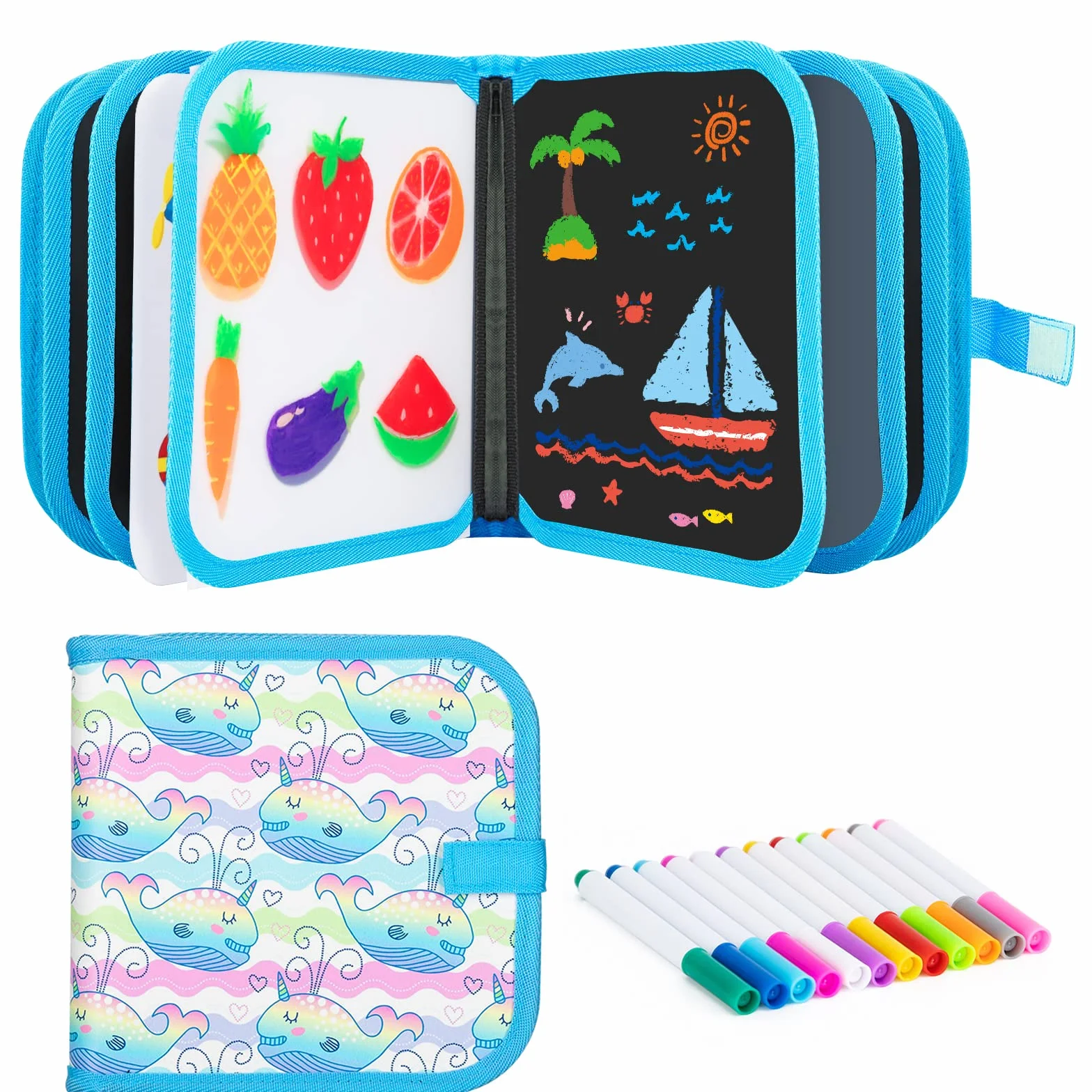 Doodle Giocattoli Portatile da Disegno per Bambini, Libro di Pittura Riutilizzabile 12 Penne Colorate Cancellabili 14 Pagine