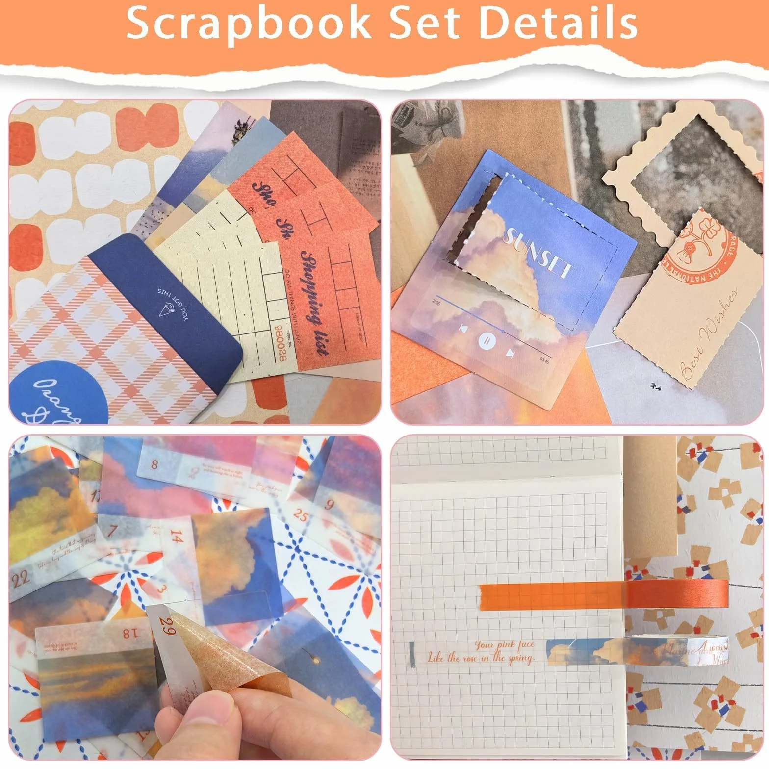 ROEOWENE 410 PCS Scrapbooking Kit Aesthetic Scrapbooking Accessori DIY Scrapbook Adesivi Vintage Stickers Journal Junk Journaling Kit Regalo per Donne Adolescenti Compleanno Natale-Arancione
