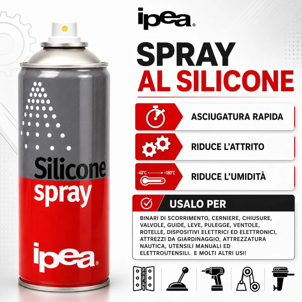 IPEA Spray al Silicone Lubrificante Protettivo Antiadesivo 400 ml 800 ml Bomboletta Spray Multiuso Incolore per Metallo Gomma Plastica Legno Tessuti Elettrodomestici