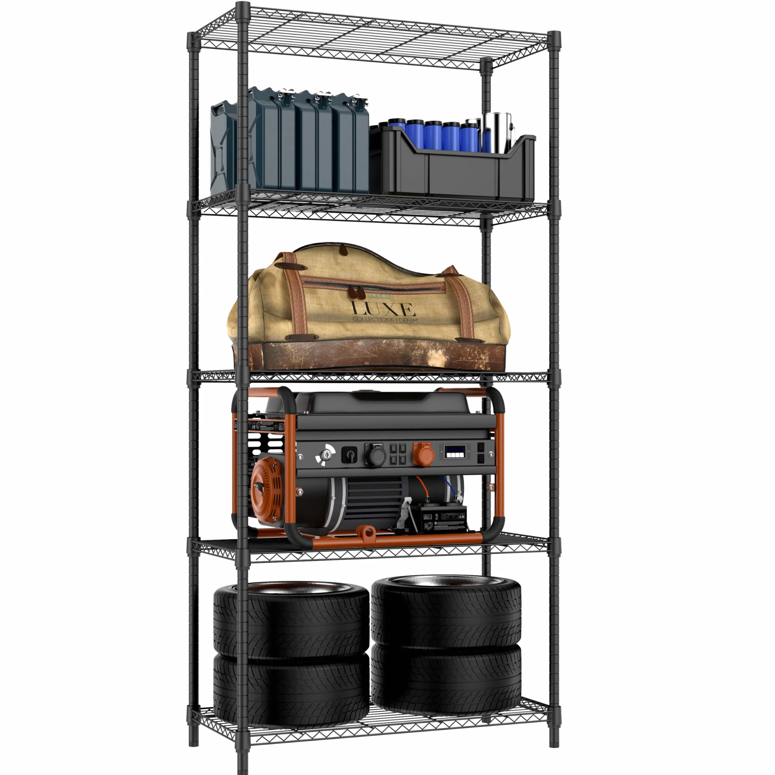 M MZG Scaffale in metallo a 5 ripiani, 567 kg, resistente, per armadio, garage, cucina, bagno, lavanderia, nero, 40 x 85 x 173,9 cm