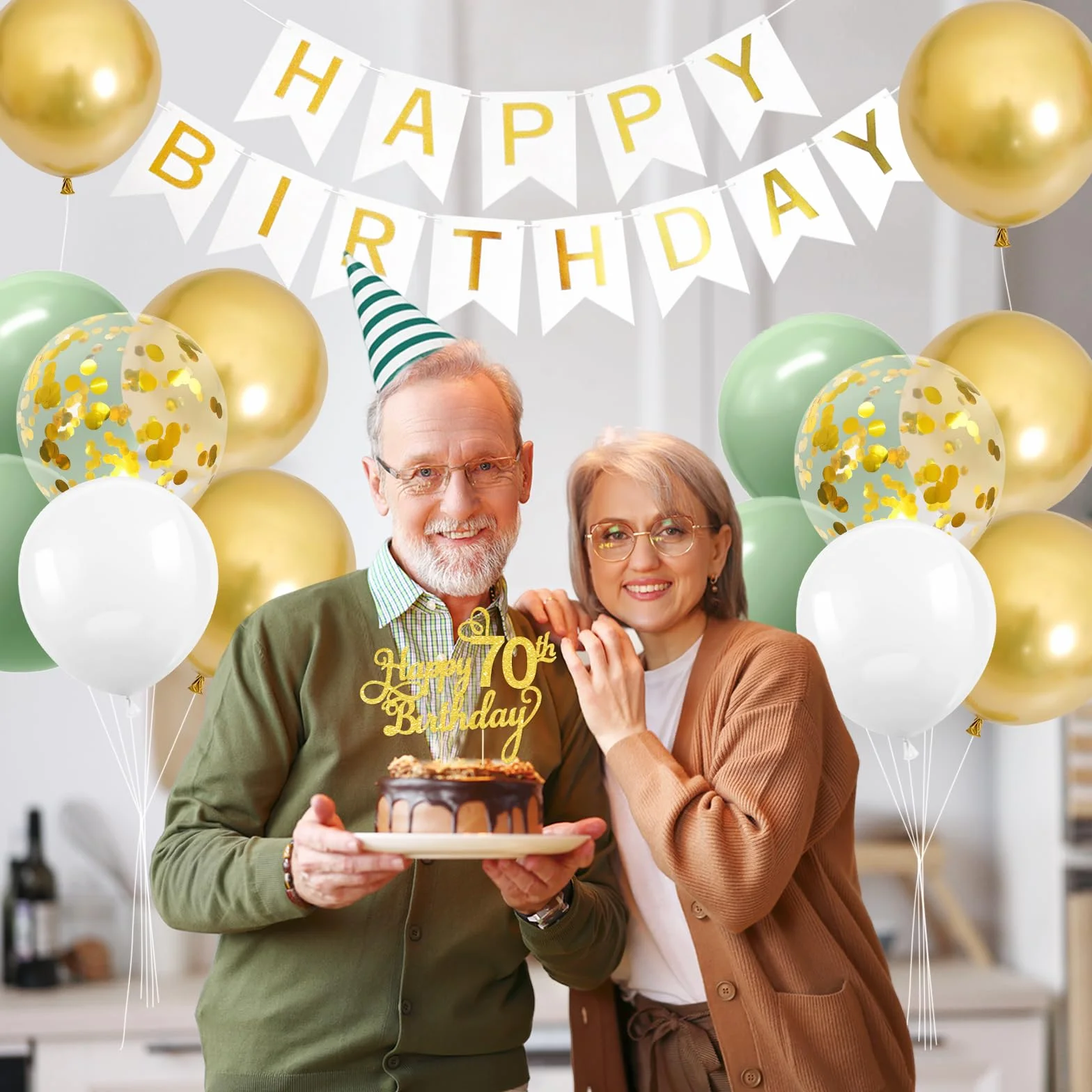 70° Compleanno Ghirlanda Palloncini Decorazione Verde Oro per Uomini e Donne