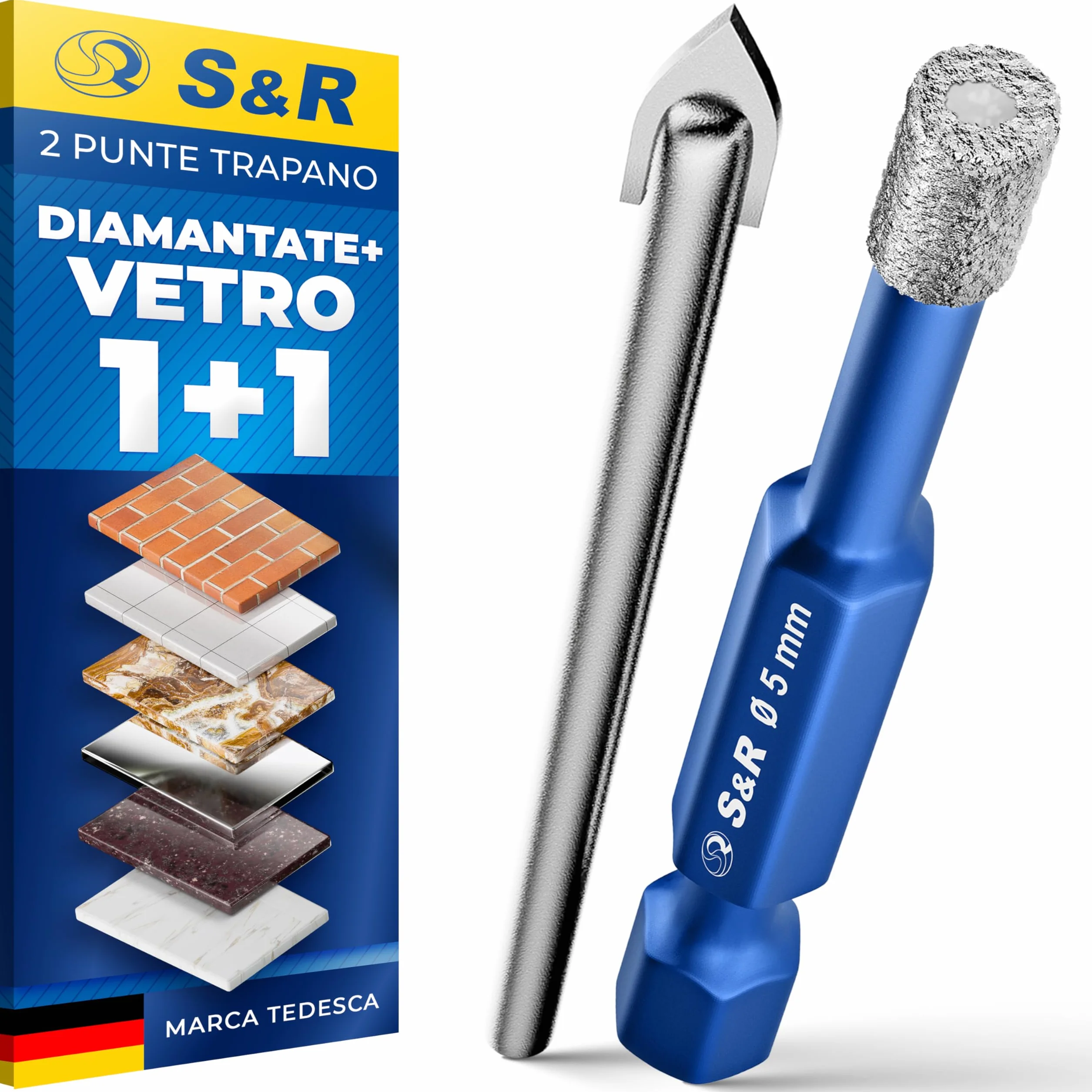 S&R Punta Diamantata per Gres 5mm con Punta Centraggio Guida. Foretto Diamantato 5mm - Punta Trapano Diamantata 5 mm per Gres Porcellanato, Piastrelle, Ceramica, Marmo, Granito, Pietra.