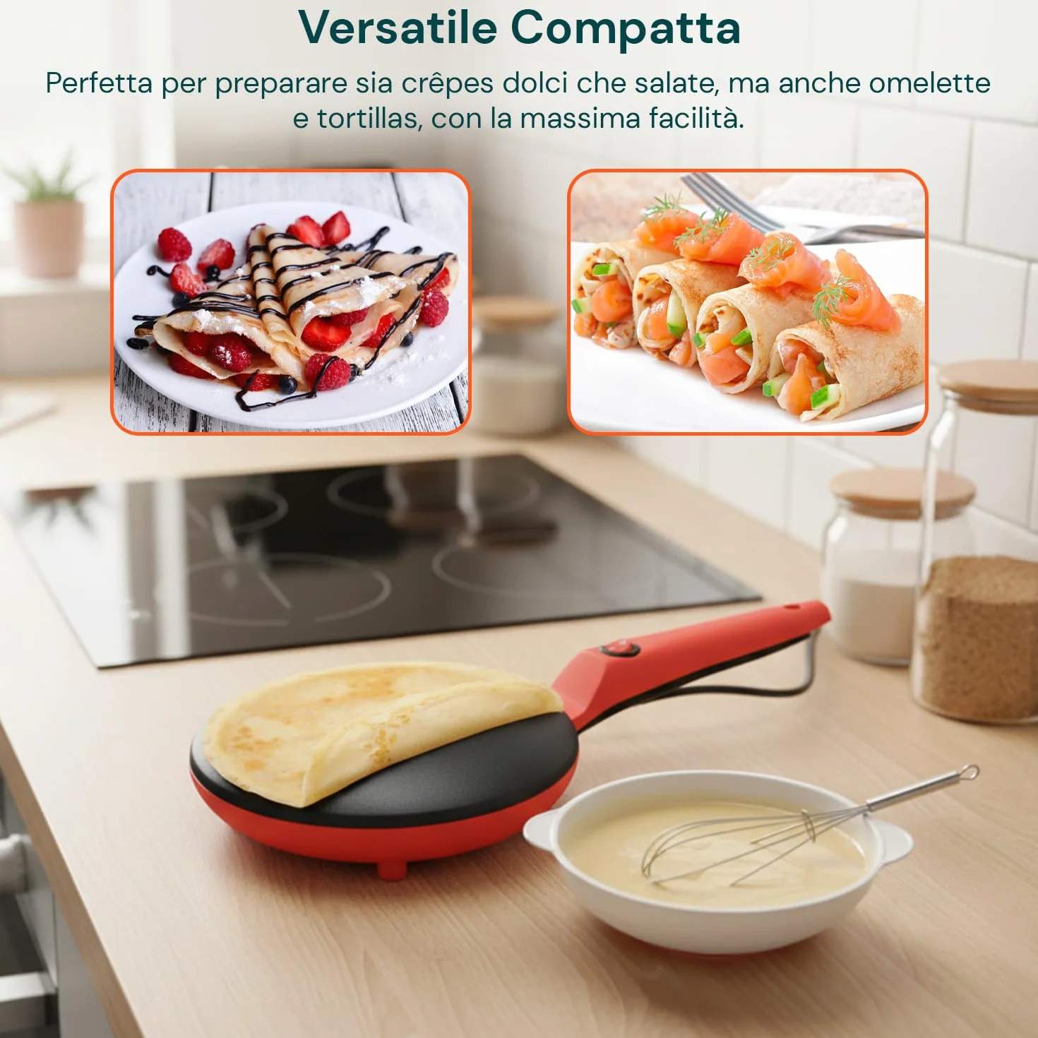 Wintem Yummi Crepiera Elettrica ad Immersione 600W - Set Completo con Ciotola e Frusta - Piastra Antiaderente Ø 20 cm - Macchina per Crepes Sottili, Pancake e Tortillas - Facile da Pulire - Rossa