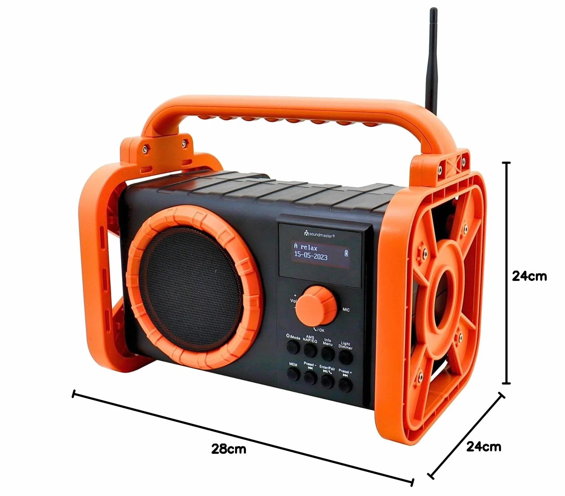 Soundmaster DAB80OR Radio da cantiere da giardino con DAB+ FM Bluetooth e batteria agli ioni di litio IP44, resistente alla polvere e agli spruzzi d'acqua