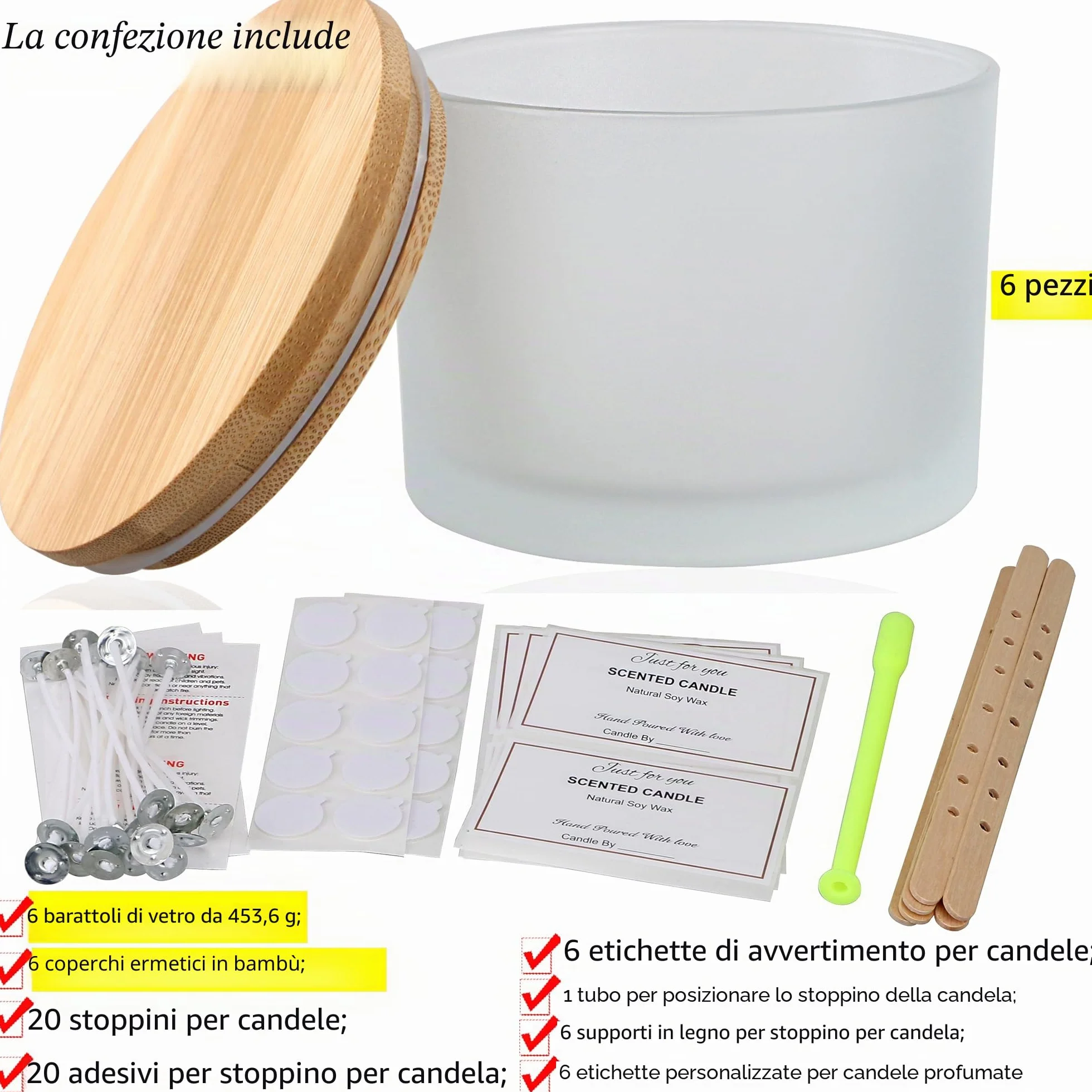 MILIVIXAY - Confezione da 6 barattoli per candele da 16 once con coperchi in bambù e kit per la produzione - 3 stoppini, vetro spesso e smerigliato bianco in massa per candele grandi - Contenitori per