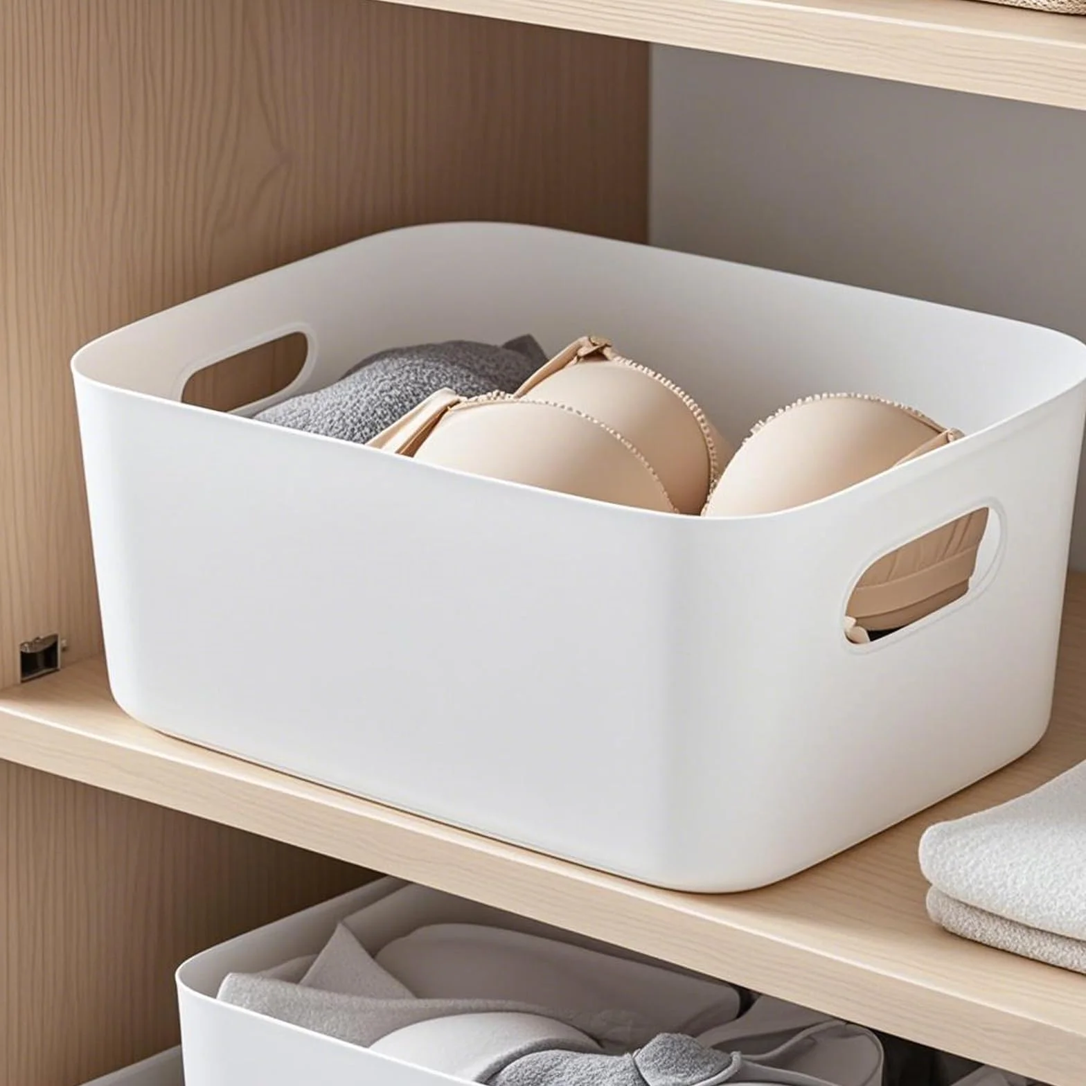 10 pezzi Scatola portaoggetti in plastica con manici, 30x20x12cm, scatola di plastica per la conservazione, per armadio da cucina, bagno, scaffale, organizer da desktop (Bianco)