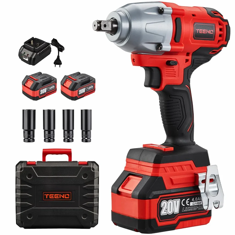 TEENO Avvitatore a Impulsi Brushless,Agli Ioni Di Litio Batterie 2 * 4.0 Ah, 4 Prese a Urti, 1/2 Pollici, 600 N.m (due batterie)