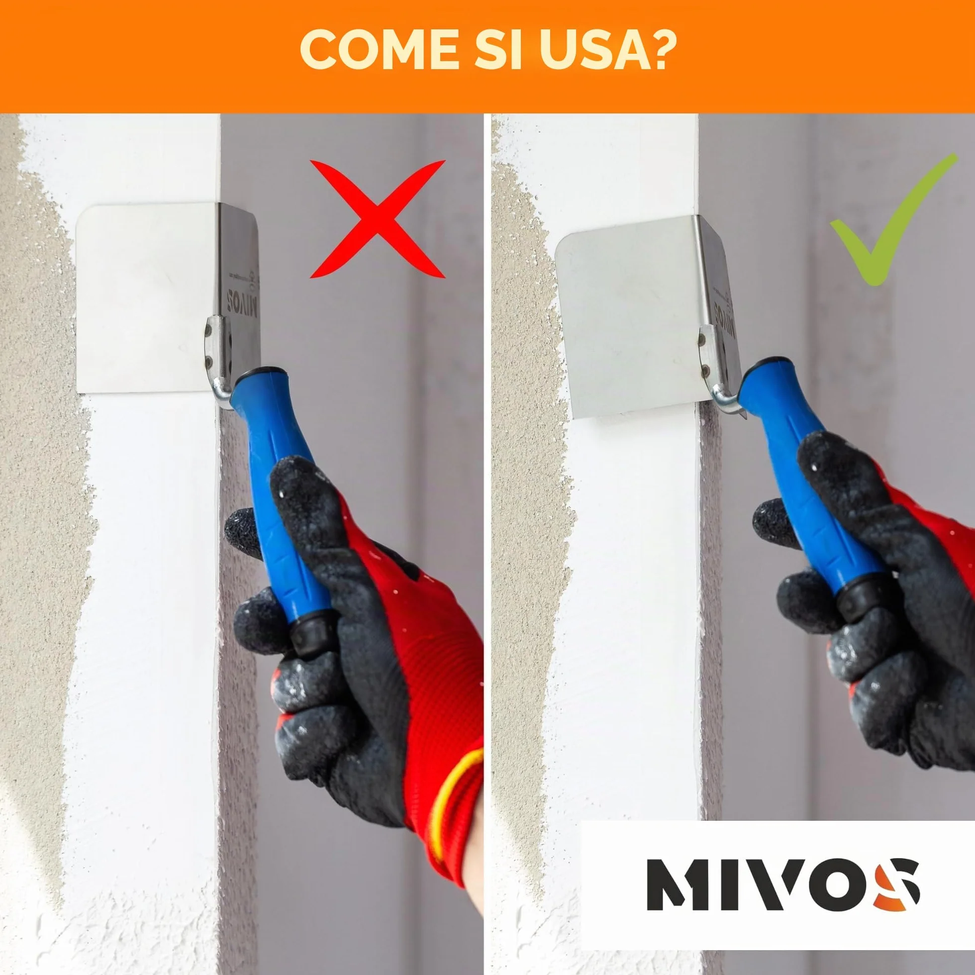 Mivos 2x Cazzuola Angolare Antiruggine 80 x 60 mm - Cazzuola Angolare Interna ed Esterna in Acciaio Inox - Spatole Angolari per Bordi Interni ed Esterni con Impugnatura Morbida - Spatola Angolare