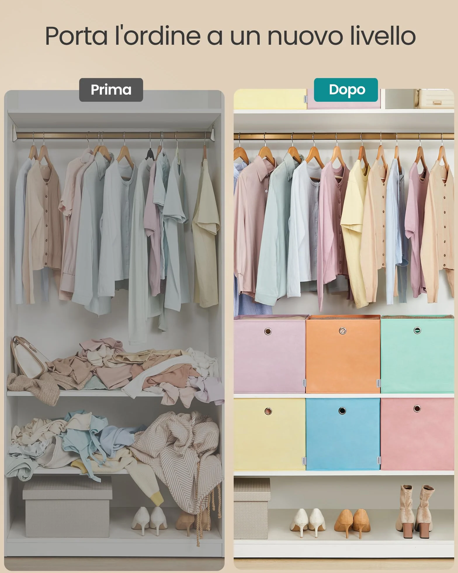 SONGMICS Set di 6 Contenitori in Tessuto Pieghevoli 33x33x33 cm per Armadi a Cubo Organizer Colorati
