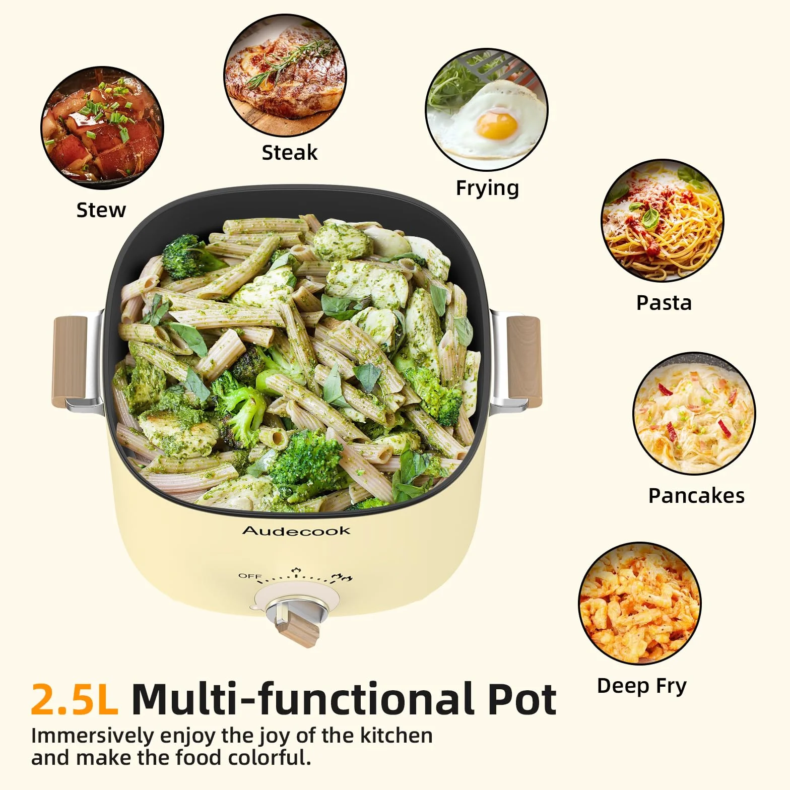 Audecook Hot Pot Elettriche 2.5L, Portatile Mini Antiaderente Pentola Elettrica per 1-3 Persone, Padella Elettrica Multifunzionale di Doppio Controllo per Pasta/Zuppa/Uova/Bistecca (Beige)