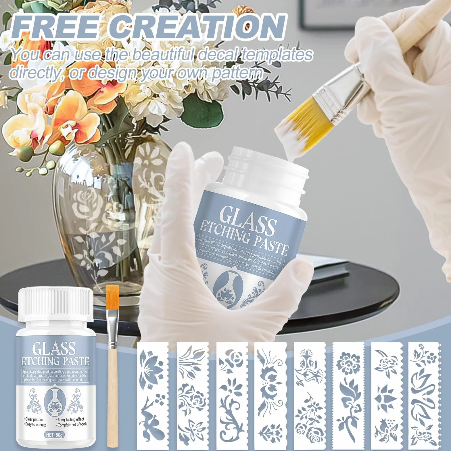 Pasta Caustica per Vetro, Etch Pasta for Glass Etch Crema Acidante Acidificante Glass Etching Cream Forma Rapidamente Una Sensazione Opaca Adatto per Bicchieri da Vino, Paralumi (Fiori)