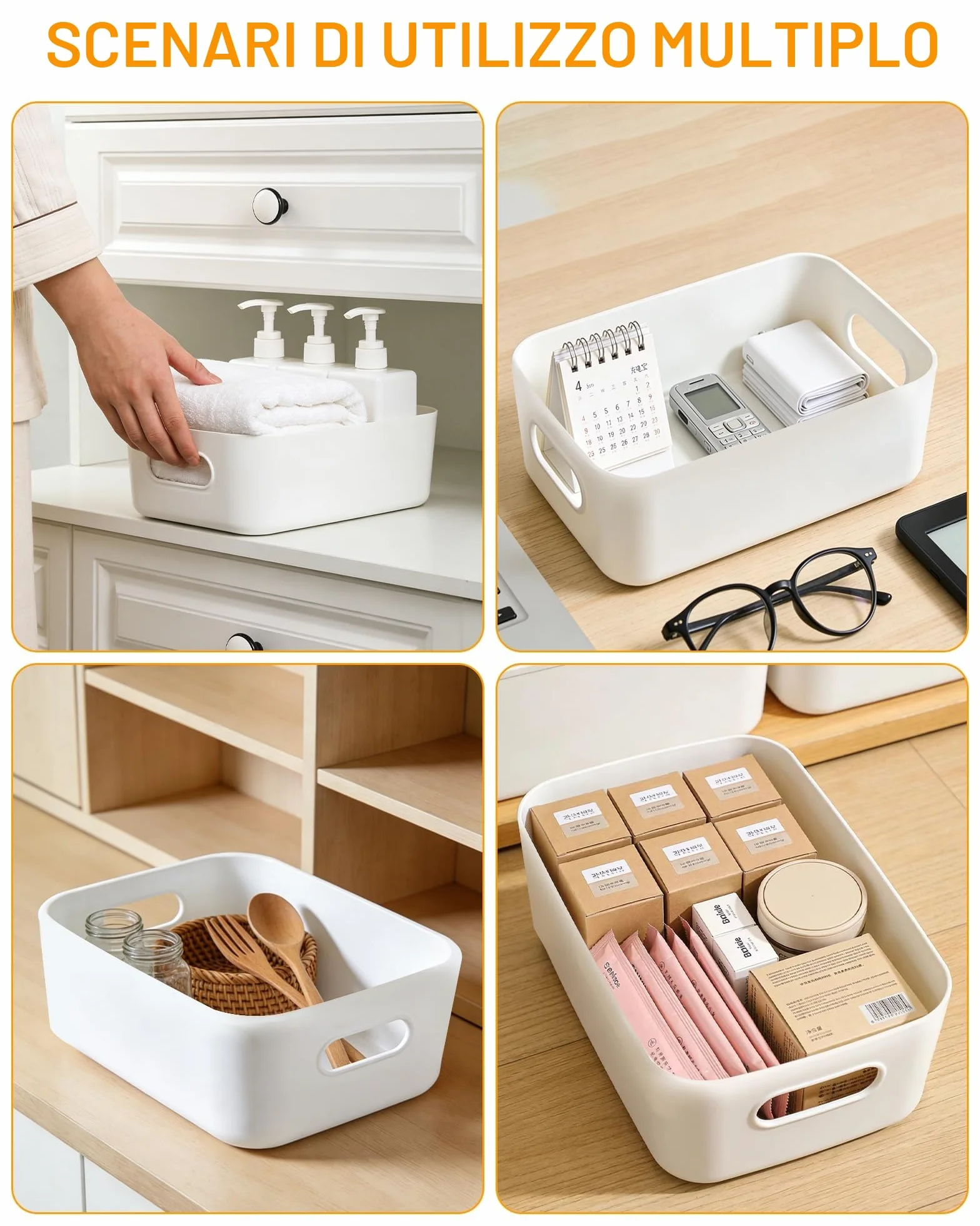 Scatole portaoggetti bianche 4 pezzi – Contenitori plastica impilabili 20x14x7 cm per cucina armadio bagno