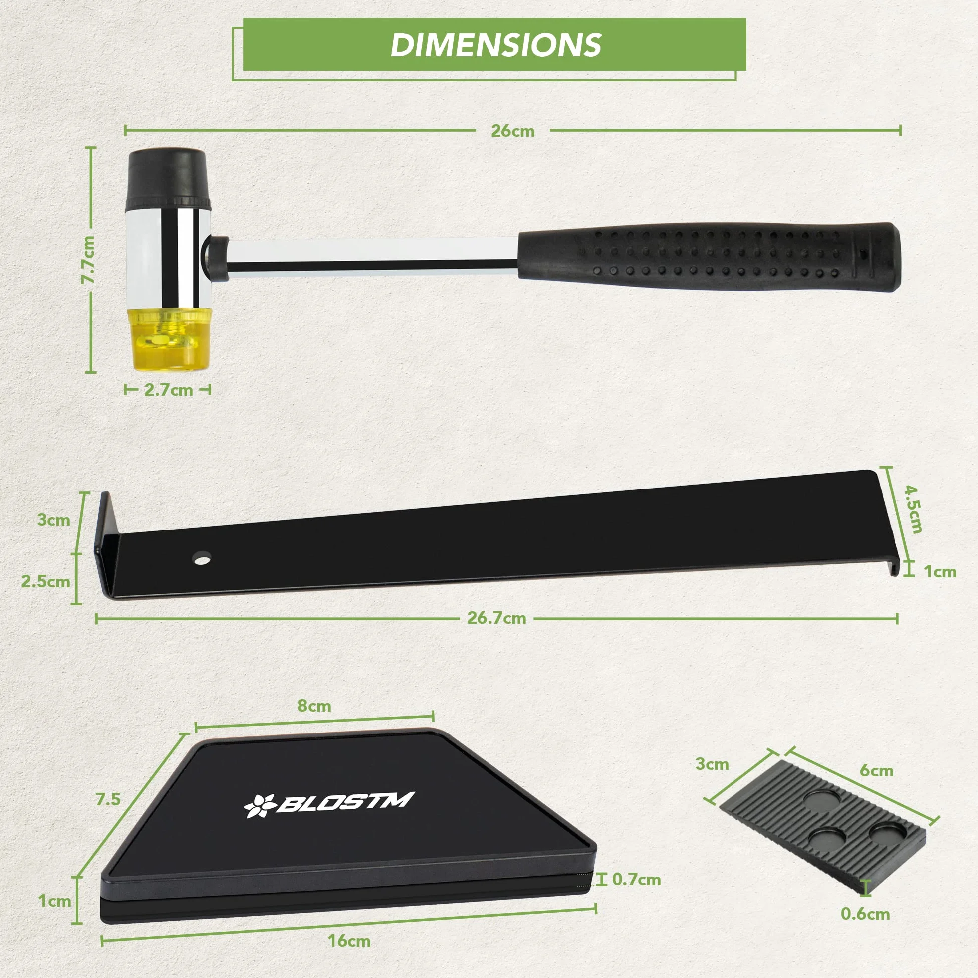 BLOSTM Kit Montaggio Laminato - 30 Distanziatori Pavimento, Martello di Gomma a Doppia Faccia, Robusto Blocco per Maschiare, Barra di Trazione Incastro in Acciaio