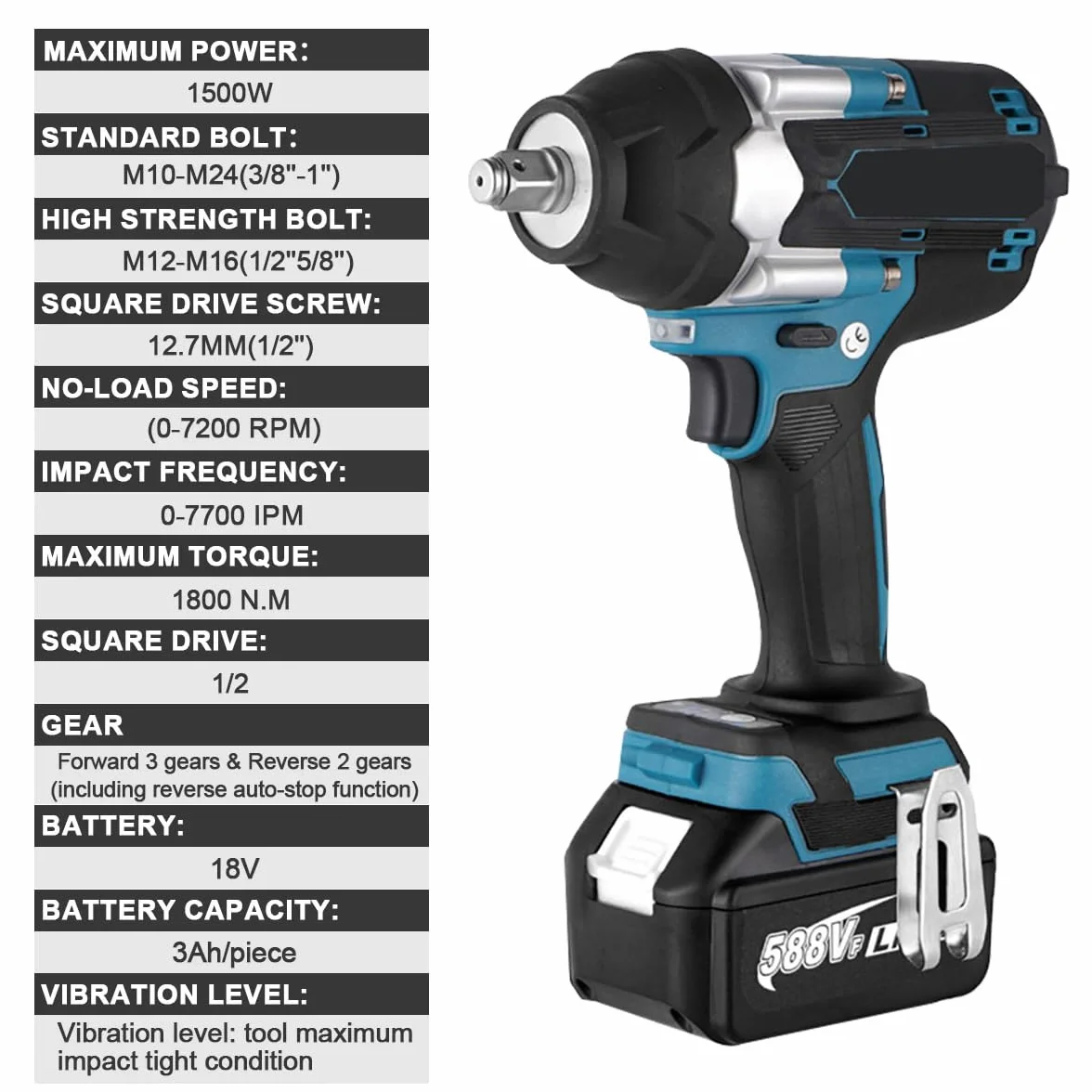 Makita 18V Avvitatore a percussione a batteria 1/2" 7200 rpm 5 velocità 1800N.M con luce LED