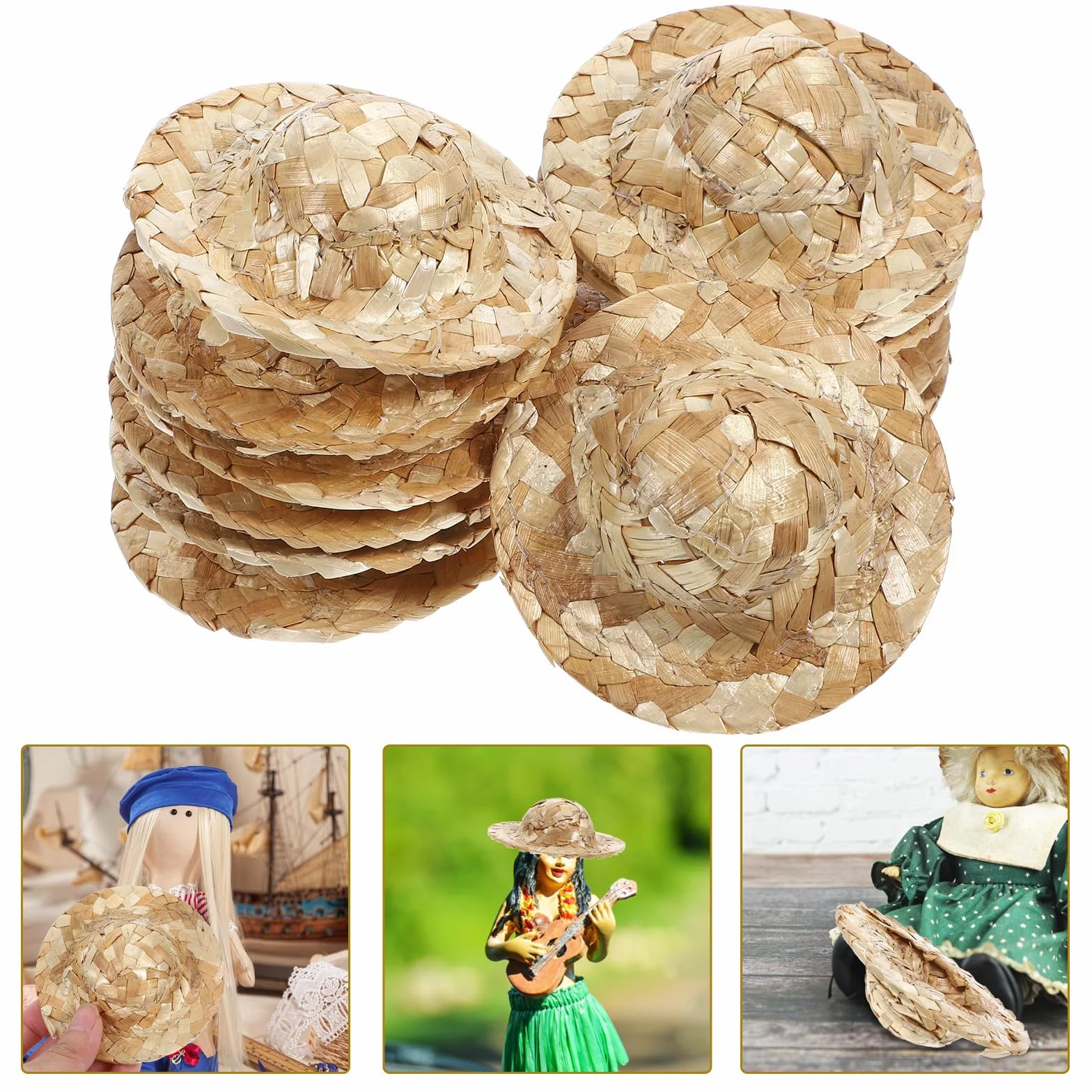 12 Cappelli Intrecciati in Paglia Beige da 8cm, Cappelli Delicati per Bamboline e Decorazioni, come Accessori per Foto e Gioco di Ruolo