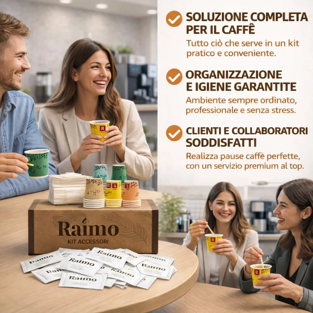 Kit 1800 Accessori Caffè Completo - 600 Bicchierini Carta Biodegradabili 75 ml + 600 Palettine Legno + 600 Bustine Zucchero, Set Pausa Caffè
