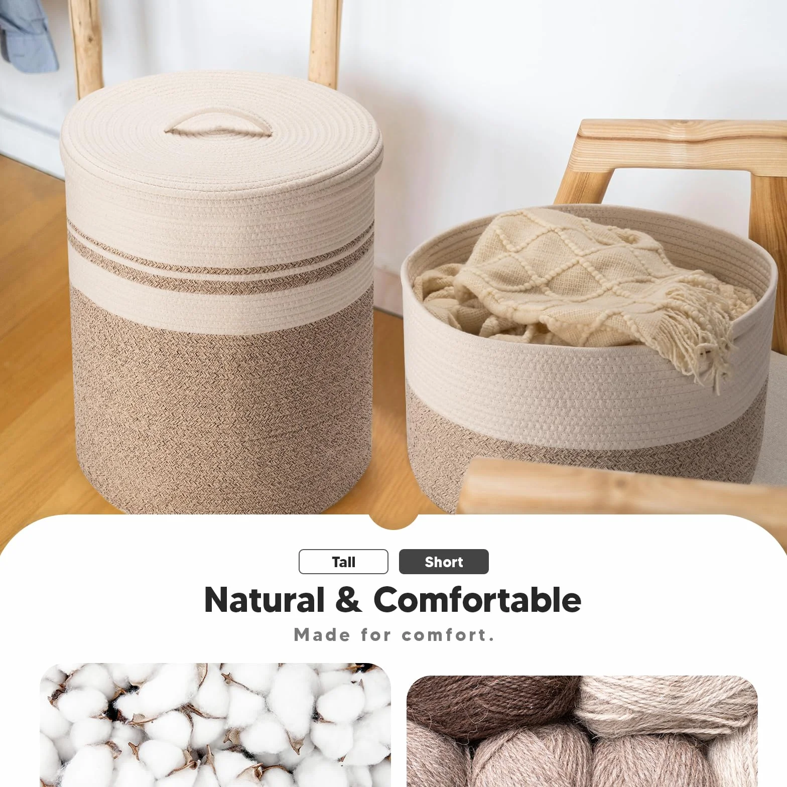 Cesto Portabiancheria in Corda Intrecciata con Coperchio 58L Cesto Corda Cotone per Giocattoli, Maniglia Vuota, Mettere Vestiti e Giocattoli, Camere da Letto e Soggiorno 38 x 50cm(Marrone)