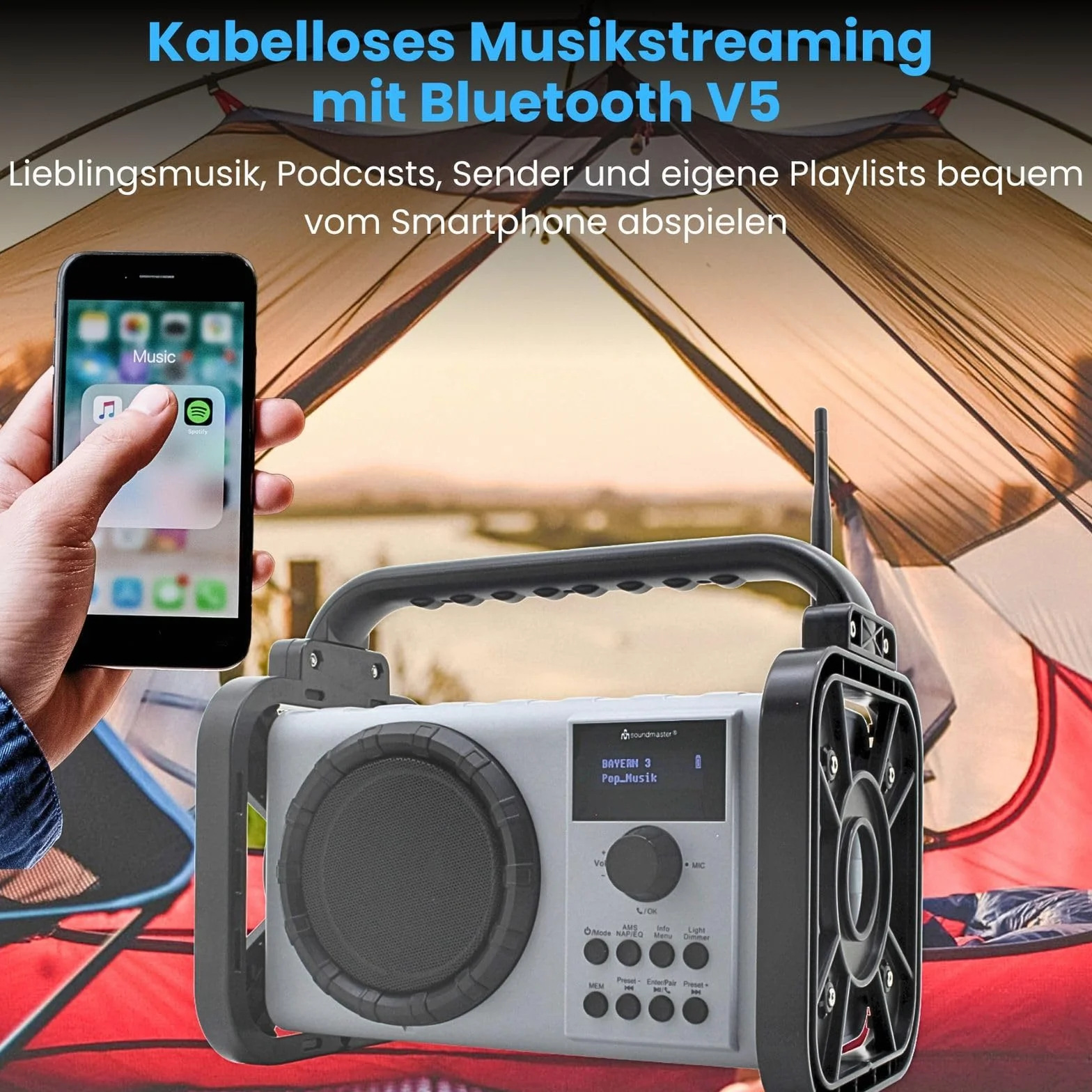 Soundmaster Radio DAB80SW da cantiere con DAB+ FM Bluetooth e batteria agli ioni di litio IP44, resistente alla polvere e agli spruzzi d'acqua, Nero