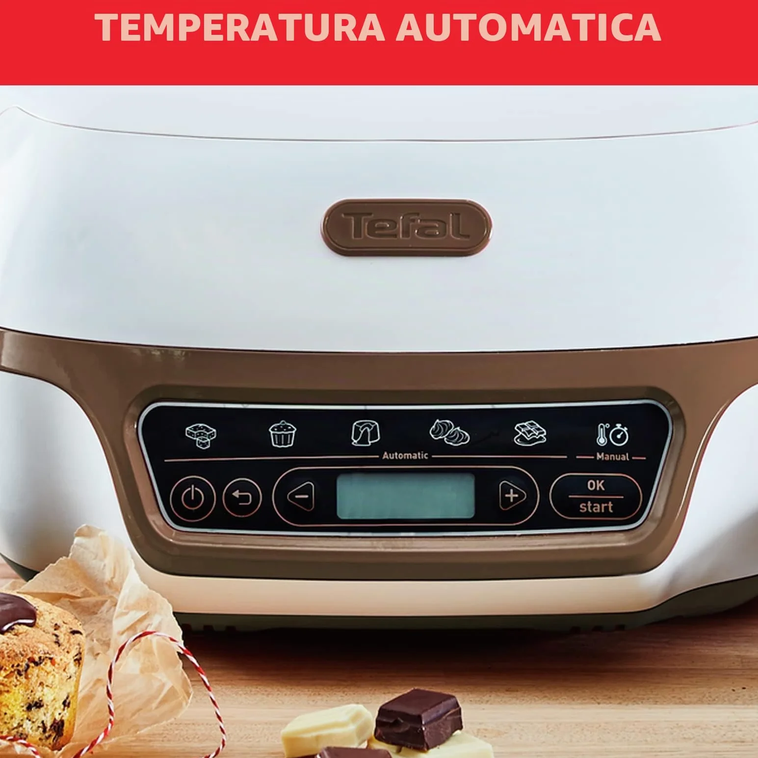 Tefal Macchina per torte, 5 programmi automatici per la regolazione, 1 modalità manuale, 3 stampi flessibili, 1 grande stampo in acciaio rivestito, compatibile con stampi Crispybake, Cake Factory+