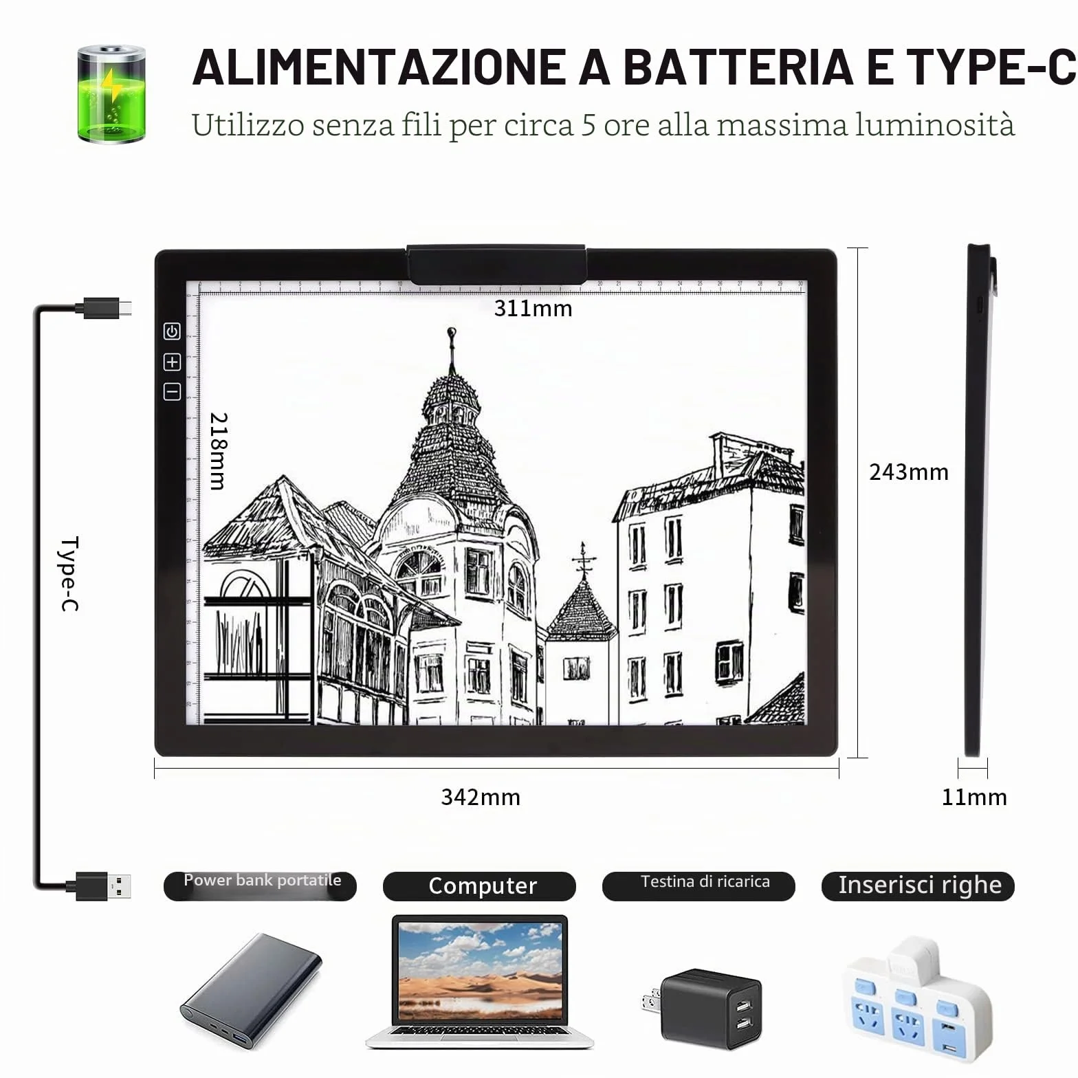 Tavolino luminoso A4, senza fili, funzionamento a batteria, lightpad, 6 livelli di luminosità, lavagna luminosa ricaricabile per diamond painting, schizzi, pittura, animazione, diserbo in vinile