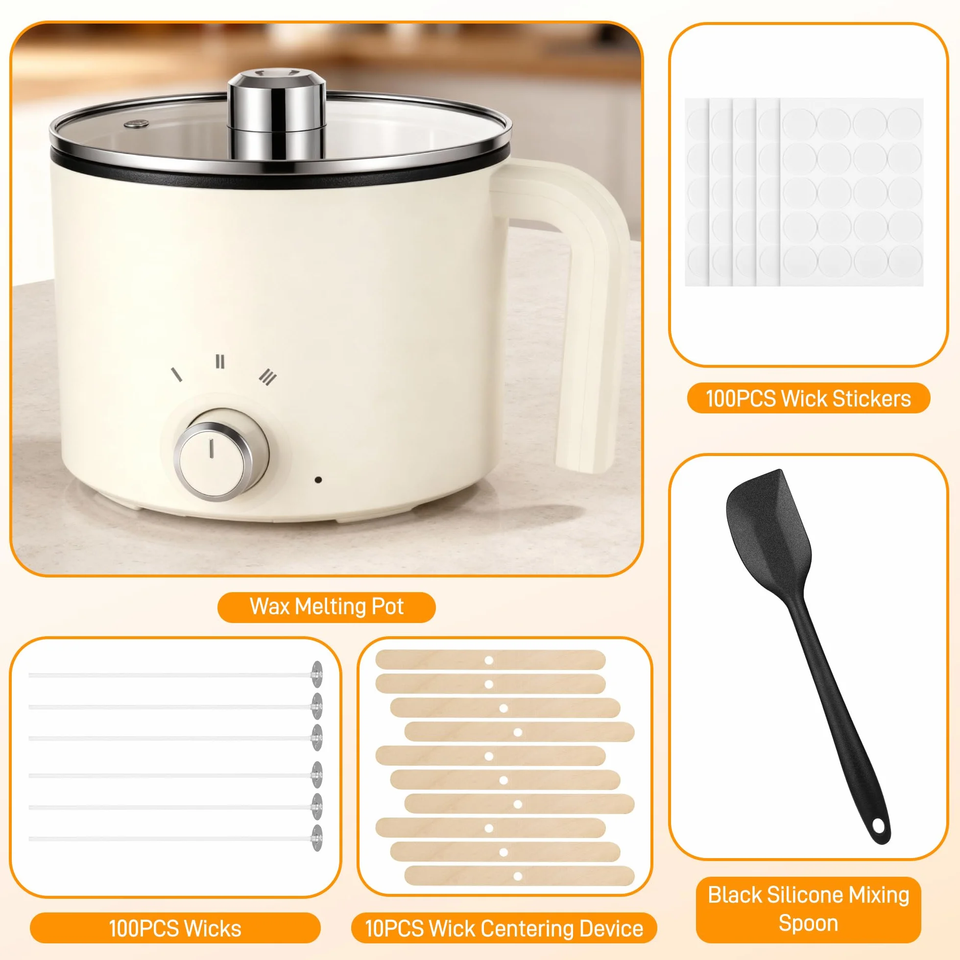Sciogli Cera per Candele , 1,8L Fusore di Cera Elettrico，Kit Candele Fai da Te con Beccuccio Versatore, Fonditore Elettrico, Stoppino, Adesivo per Stoppini, Centraggio, Cucchiaio per Mescolare