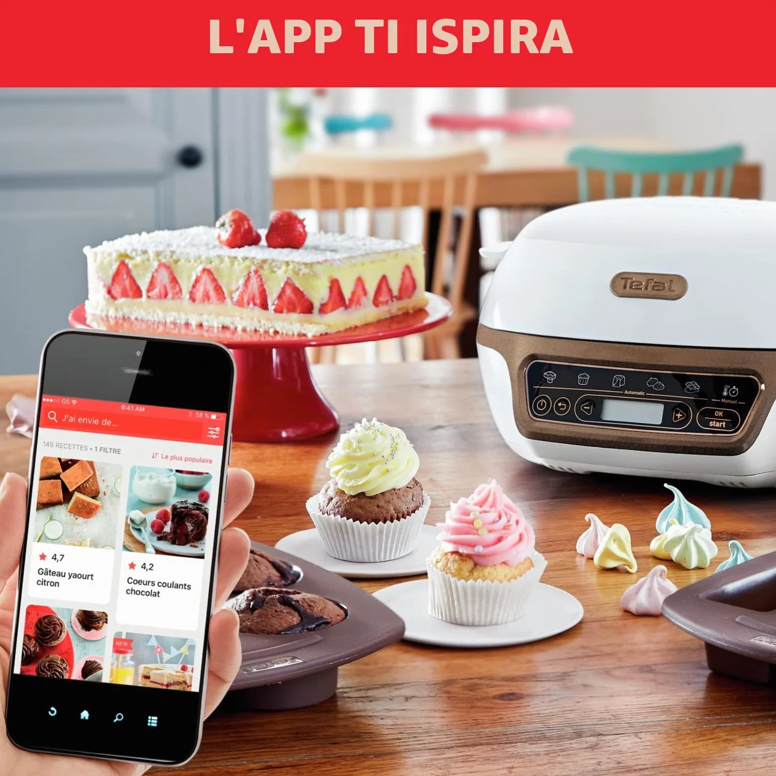 Tefal Macchina per torte, 5 programmi automatici per la regolazione, 1 modalità manuale, 3 stampi flessibili, 1 grande stampo in acciaio rivestito, compatibile con stampi Crispybake, Cake Factory+