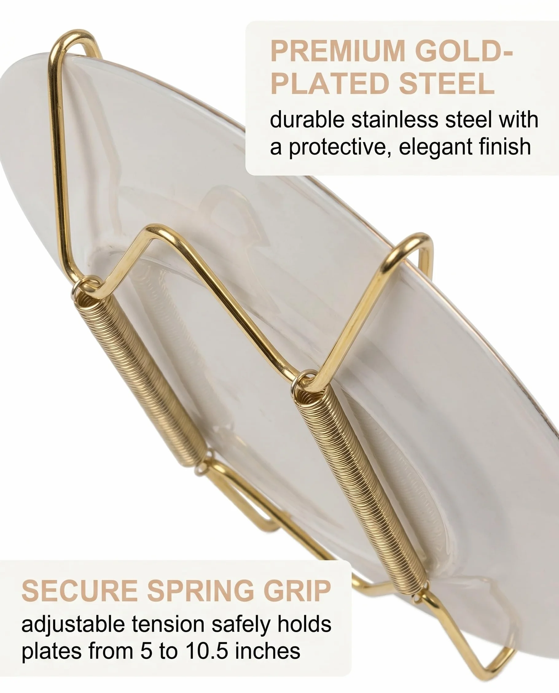 2 Pezzi Ganci per Piatti da Parete, Supporti in Acciaio Inox per Esposizione di Piatti Decorativi (2×8") – per Piatti da 5-10,5 Pollici (Dorato)