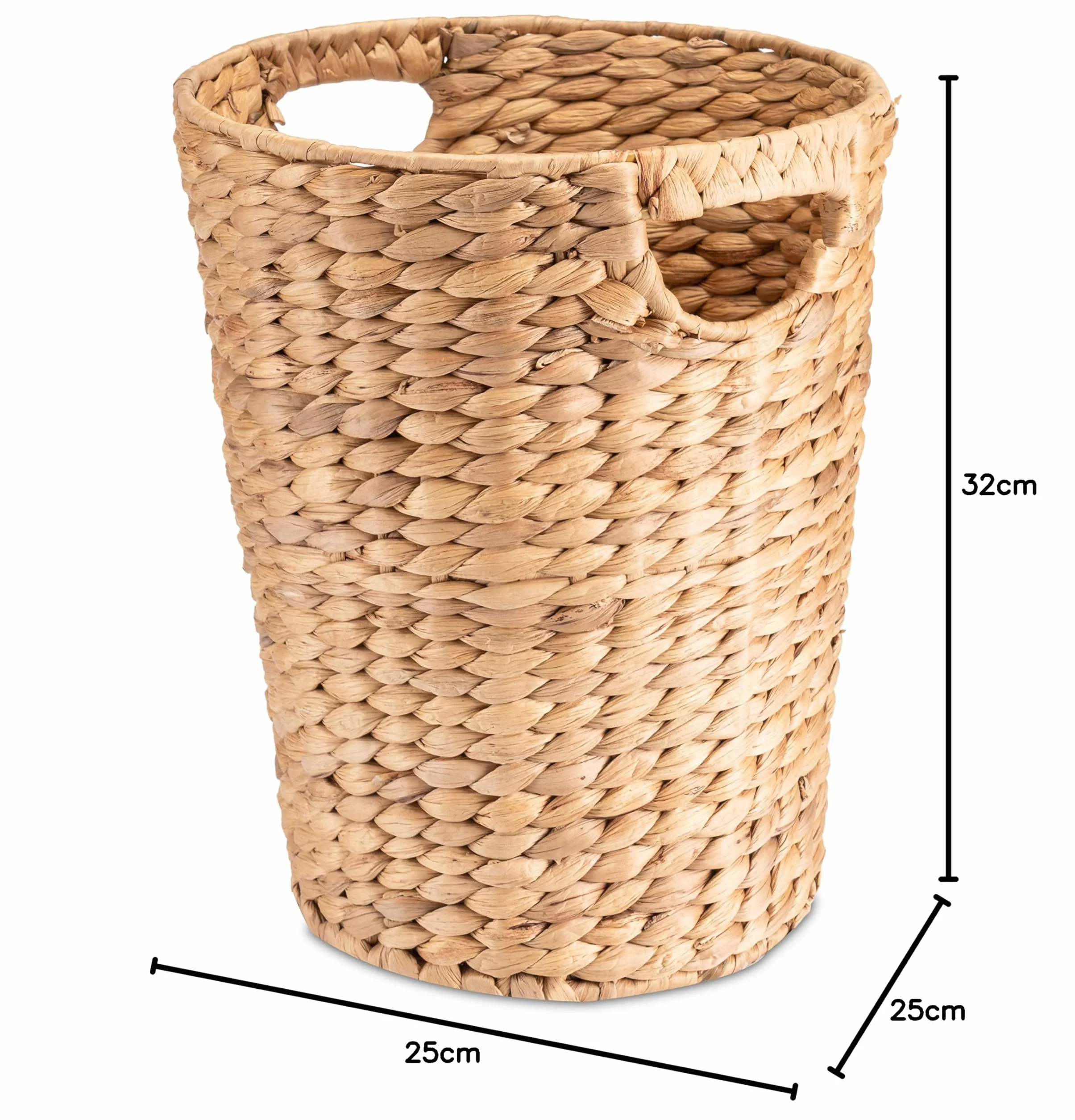 Decorasian - Cesto portaoggetti intrecciato in giacinto d'acqua - Pattumiera con manico - Diametro 25 cm in alto, 19 cm in basso, Altezza 32 cm