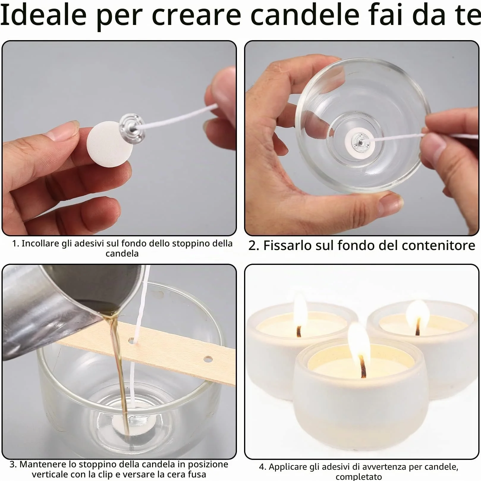 150 Pezzi Stoppini per Candele, Stoppini in Cotone per Candele da 10cm/15cm/20cm, Stoppino per Candele Naturali con Porta Stoppino in Legno e Adesivi per Stoppini Bifacciali, per Fare Candele