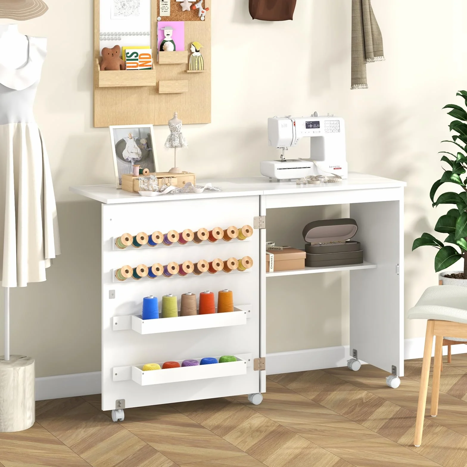 GIANTEX Tavolo Cucire con Ruote, Tavolino Cucito Pieghevole, Asse da Stiro Richiudibile, Mobile per Macchina da Cucire a Scomparsa, Allungabile a 3 Livelli, 58x40x78 cm, 2 Colori Disponibili
