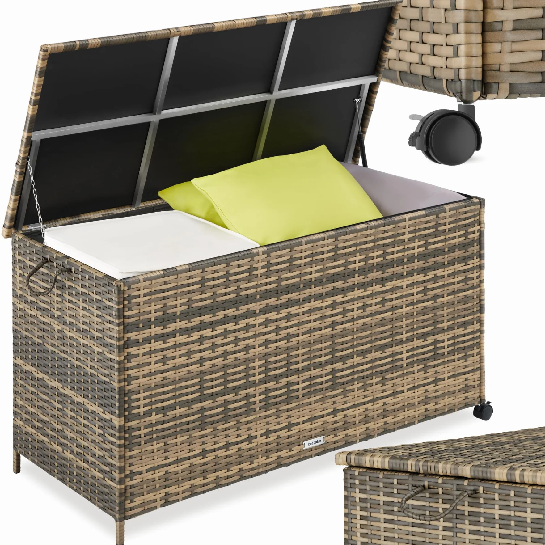tectake® Box Contenitore da Esterno, 116 x 54 x 64 cm, 253 L, Mobile da Giardino con Intreccio in Polyrattan, Telaio in Alluminio, Coperchio Rinforzato, Pratica Maniglia, Rotelle Girevoli- Naturale