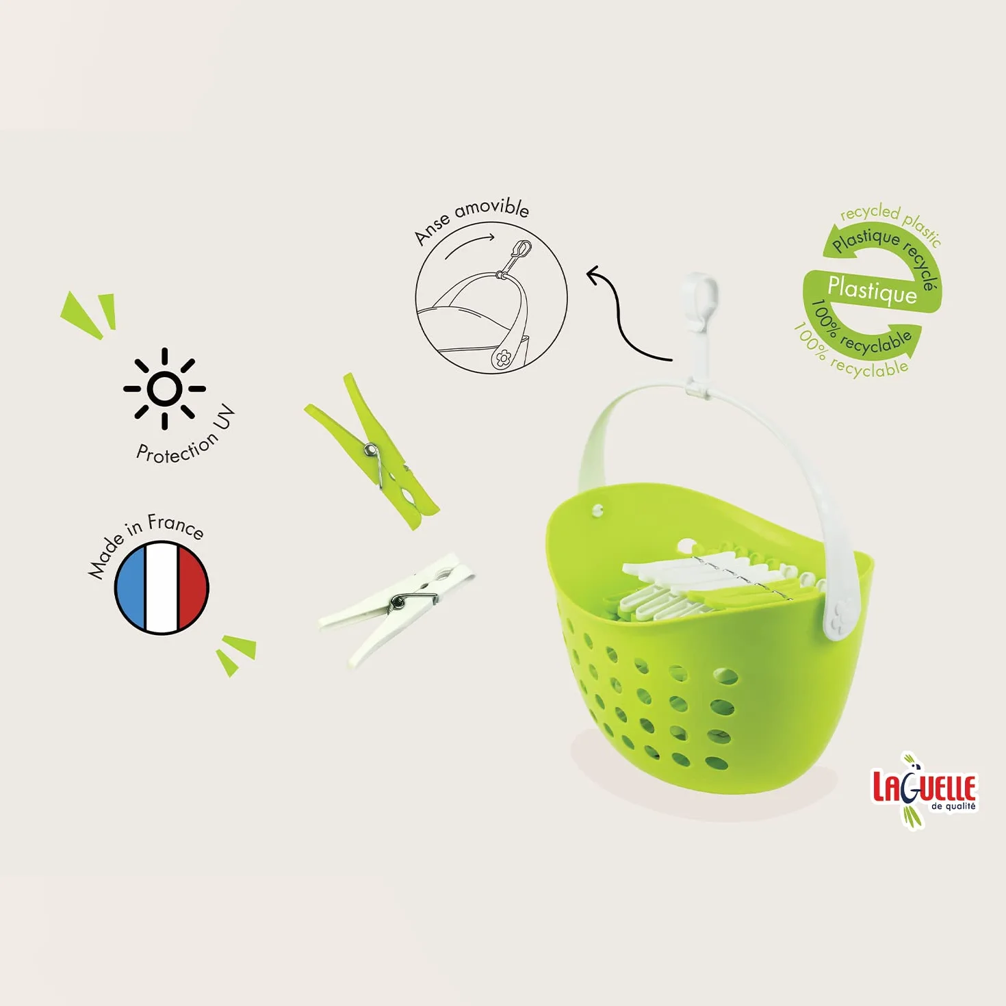 LAGUELLE – Cesto con 48 pinze anti-scivolo, fabbricazione francese, cestello verde, pinze assortite (verde e bianco)