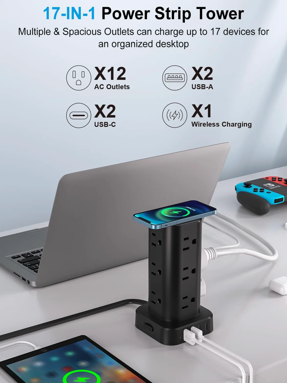 Ciabatta con caricabatterie wireless, protezione da sovratensioni a spina piatta con prolunga da 1,8 m, 12 prese multiple AC, 4 USB (2 USB C), Power Tower