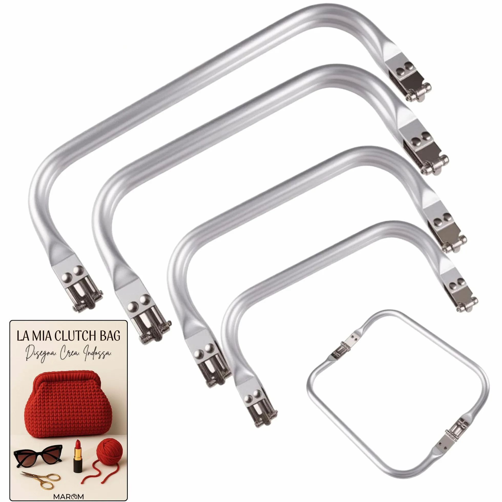 MAROM - Chiusura Borsa Uncinetto A Molla in Alluminio, 4 Manici per Borse Uncinetto Fai da Te 16cm, 18cm, 20cm e 22cm + EBOOK in Omaggio sulla Creazione della Tua Clutch Bag