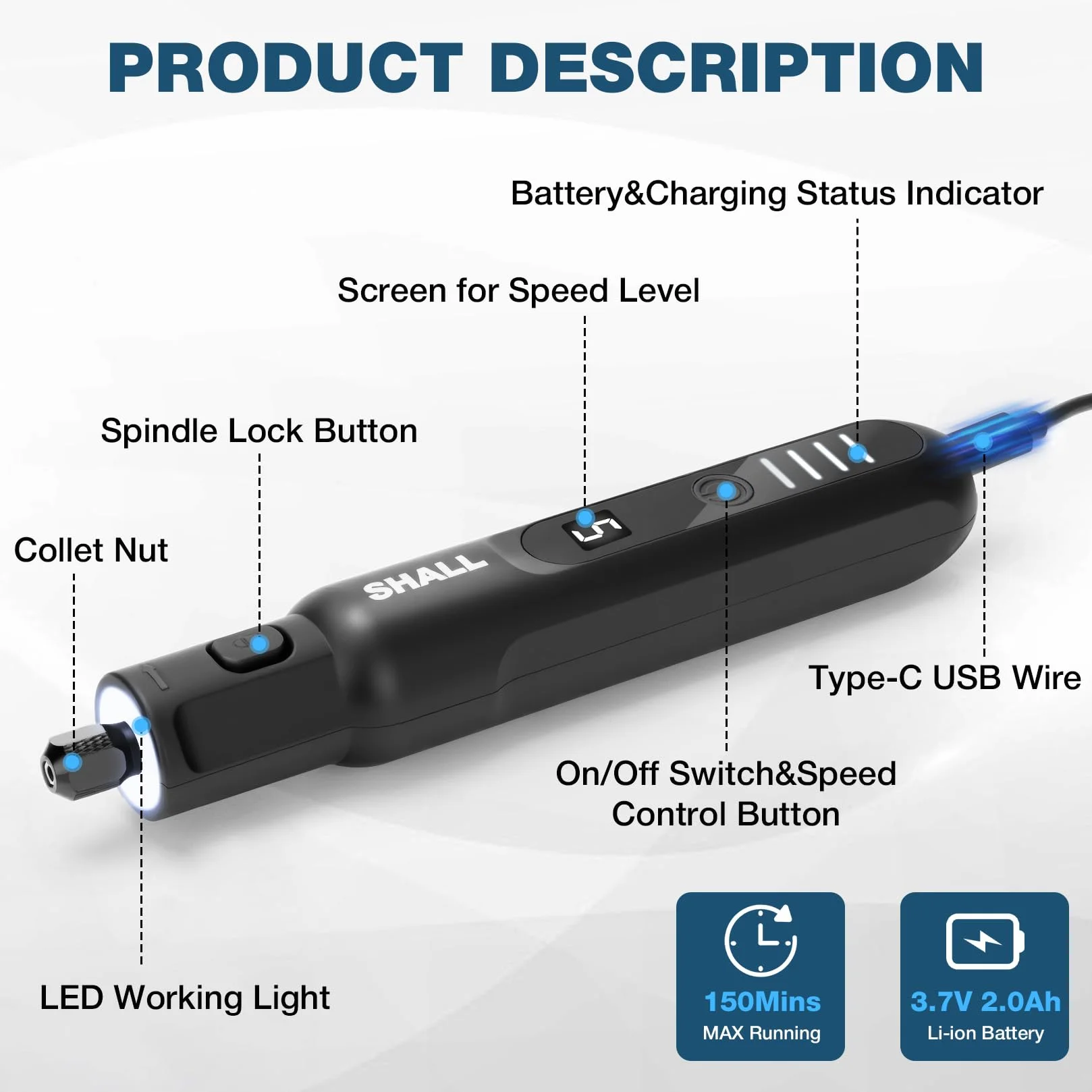 SHALL Smerigliatrice senza fili 3,7V 20000 giri/min 5 velocità Kit con 70 accessori e luce LED
