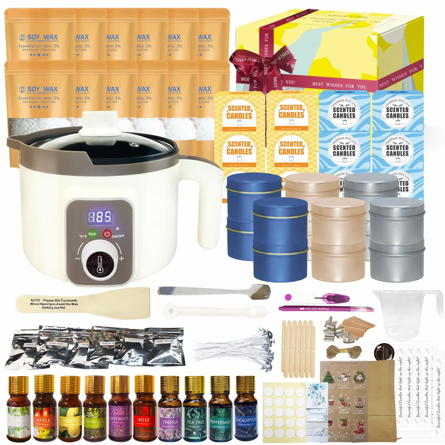 LINGQIAN Set per la creazione di candele fai da te, kit per la creazione di candele in cera di soia, fusore elettrico per cera con beccuccio, 12 barattoli per candele, 12 oli profumati