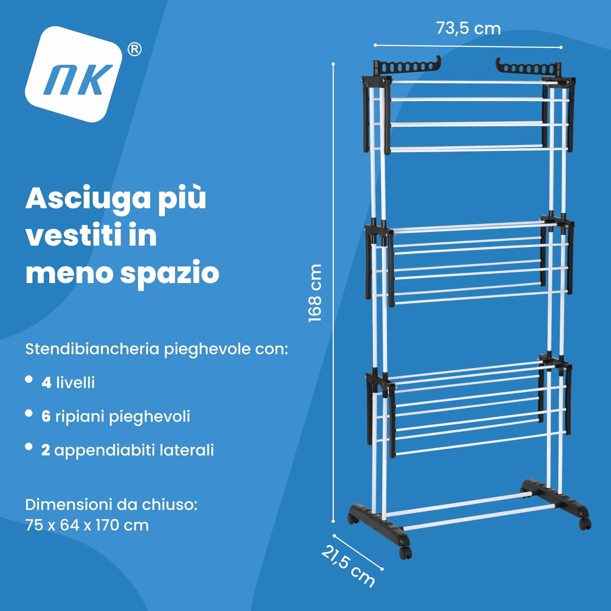 NK Stendino Verticale Salvaspazioa 4 Livelli - 6 Ripiani Retrattili + 2 Ali Laterali con Supporto per Grucce + Scarpiera, Ruote a 360°, Colore Nero e Bianco (19m di Biancheria)