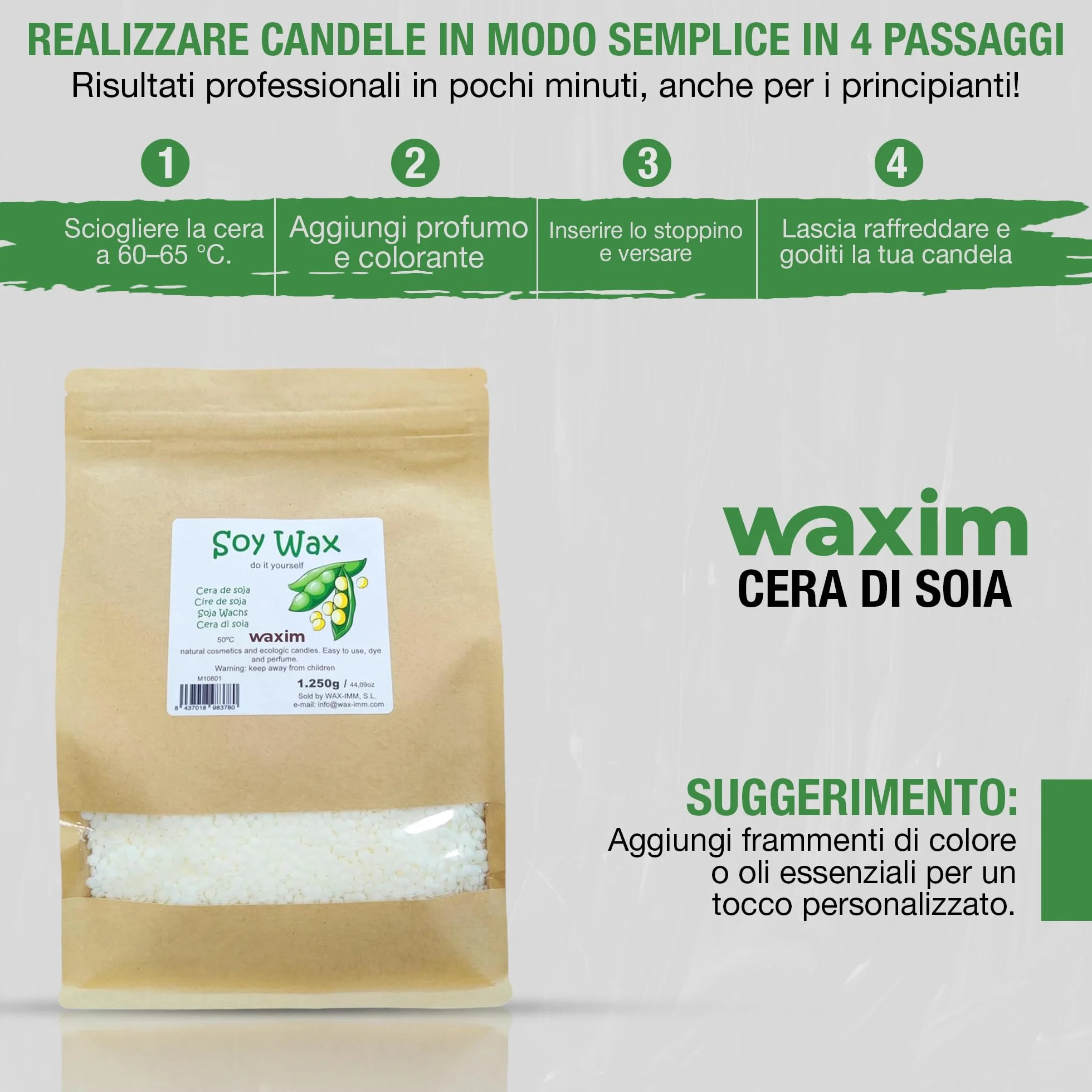 Cera di soia WAXIM per candele in perle | Cera di soia naturale, cera per realizzare candele fatte in casa e profumate 1250 g | A base vegetale in contenitori | Fusione uniforme