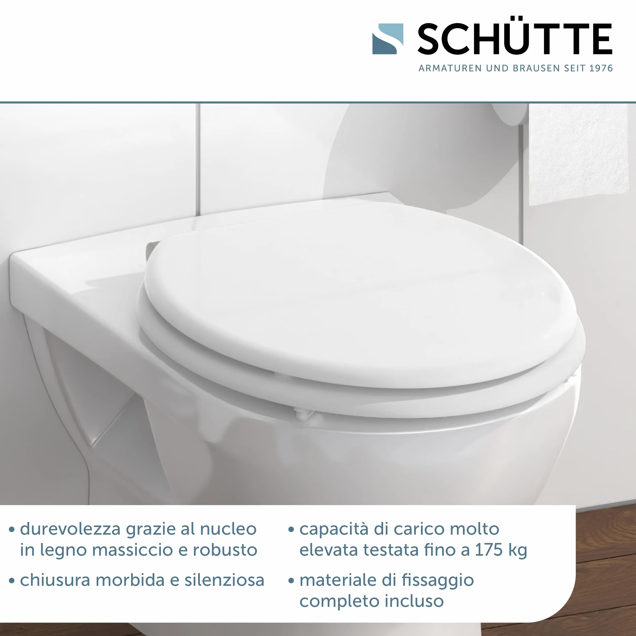 Schütte 84100-A - Coperchio con anima in legno (carico massimo del sedile del water 150 kg), con meccanismo di abbassamento, colore: bianco