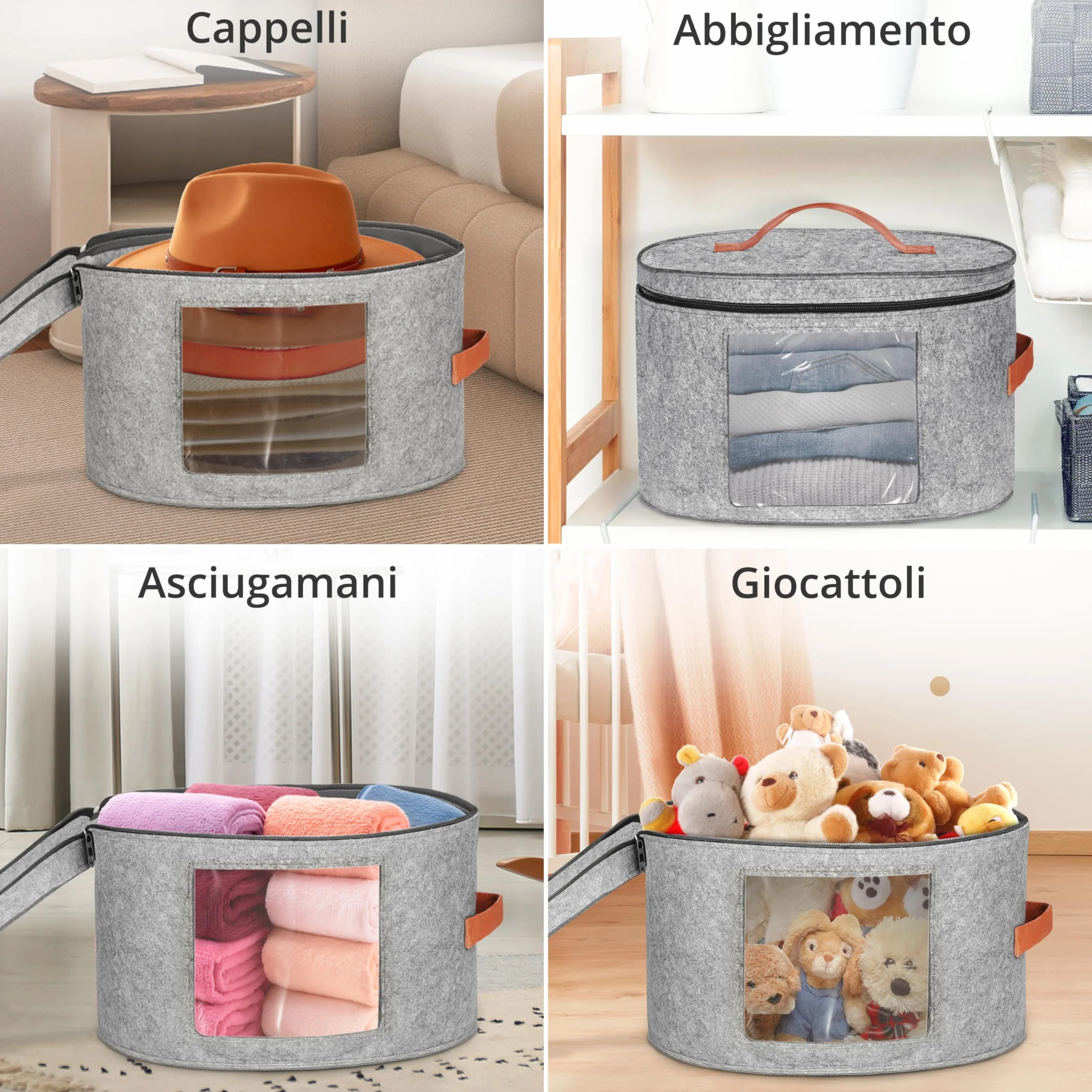 Winter Shore Cappelliera Pieghevole Grande con Cerniera - Scatola per Cappelli Rotonda Grigia 43x26cm
