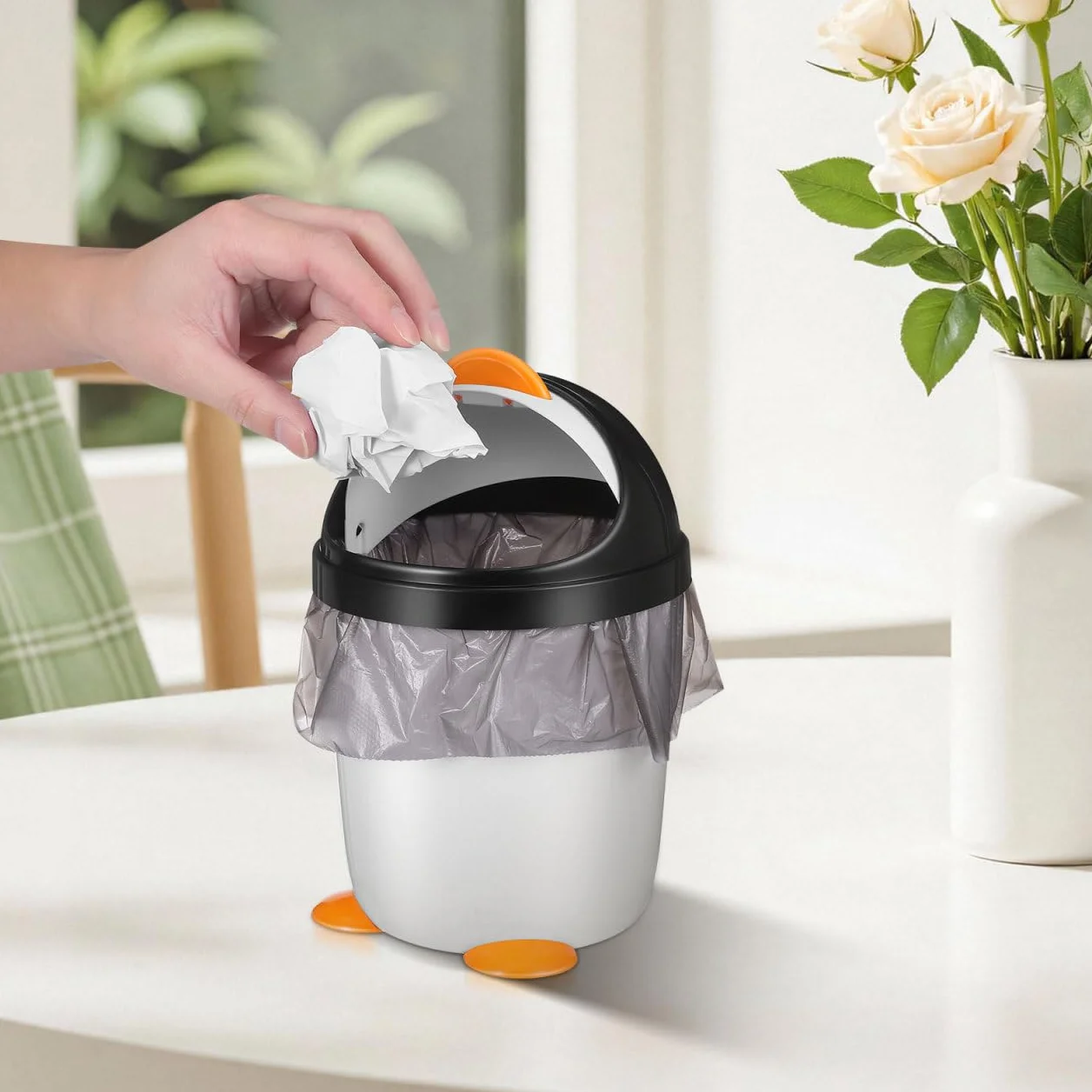 Angoily Pattumiera pinguino con coperchio in plastica, organizer per camera da letto, ufficio, auto, bagno, cameretta dei bambini, bancone