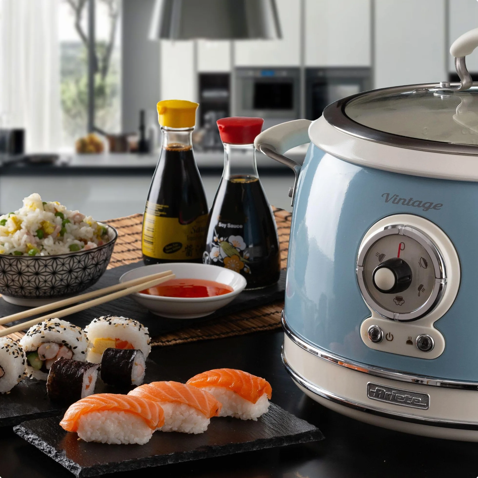 Ariete 2904 Rice Cooker + Slow Cooker - Cuociriso Elettrico con bowl in ceramica - Sushi fatto in casa - Multicooker - Linea Vintage - 3,5 L - 700 W - Celeste