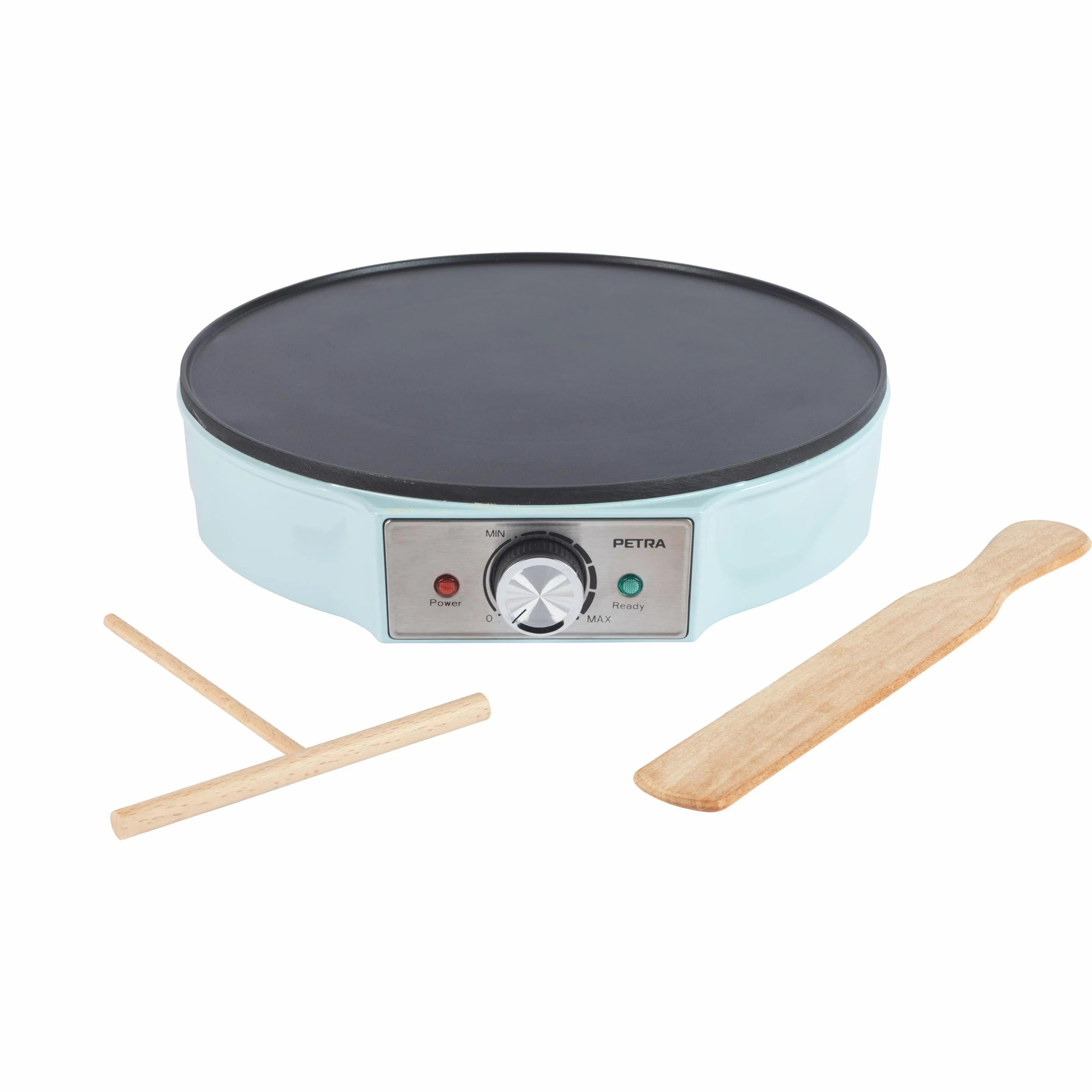 Petra PT6223BLVDE macchina per crepes - piastra elettrica per frittella, superficie di cottura antiaderente, piastra grande da 30 cm, temperatura regolabile, spatola e spatola per pastella, 1200W, blu