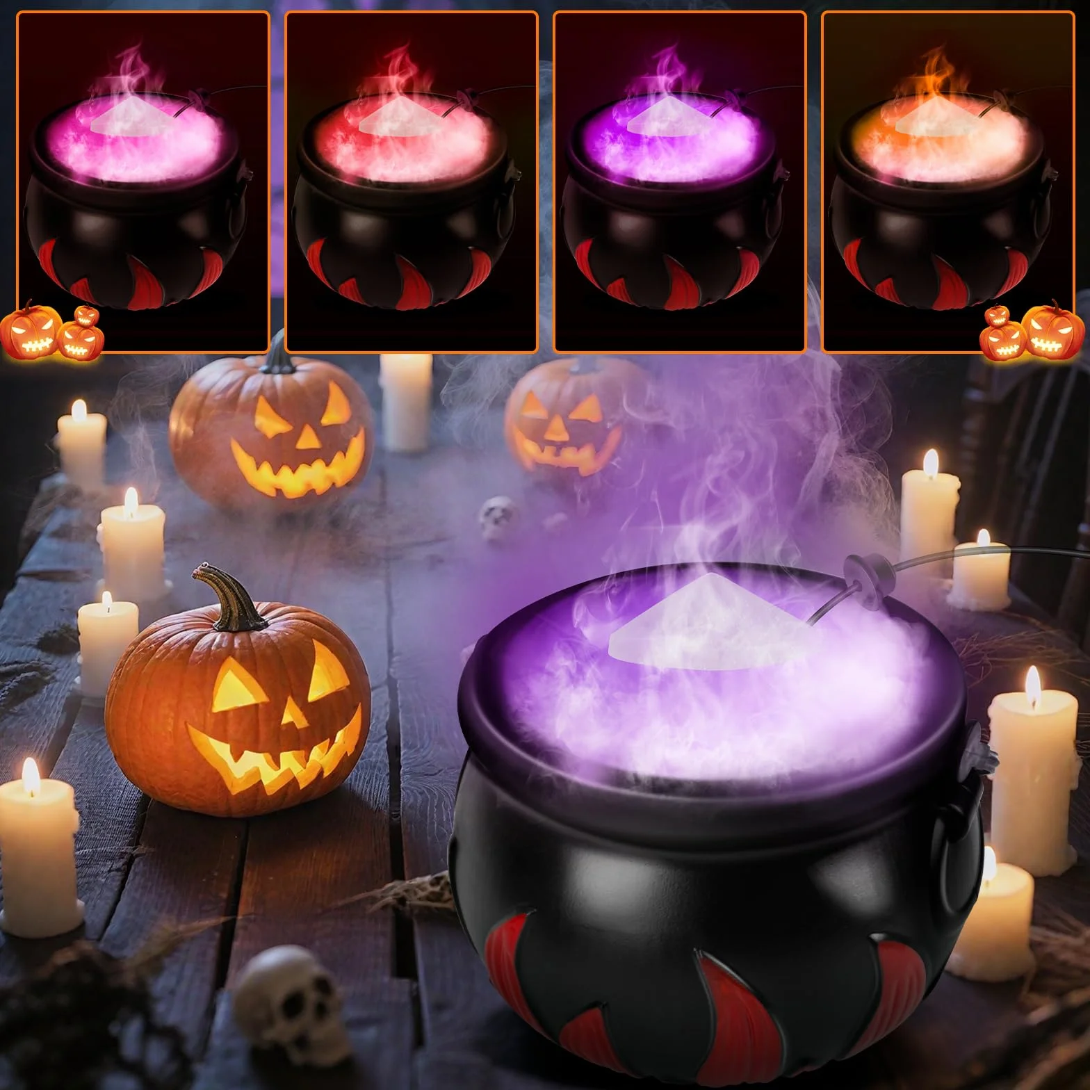 Calderone della Strega di Halloween con Creatore di Nebbia, 12 LED Cambia Colore, Fontana di Nebbia per Interni