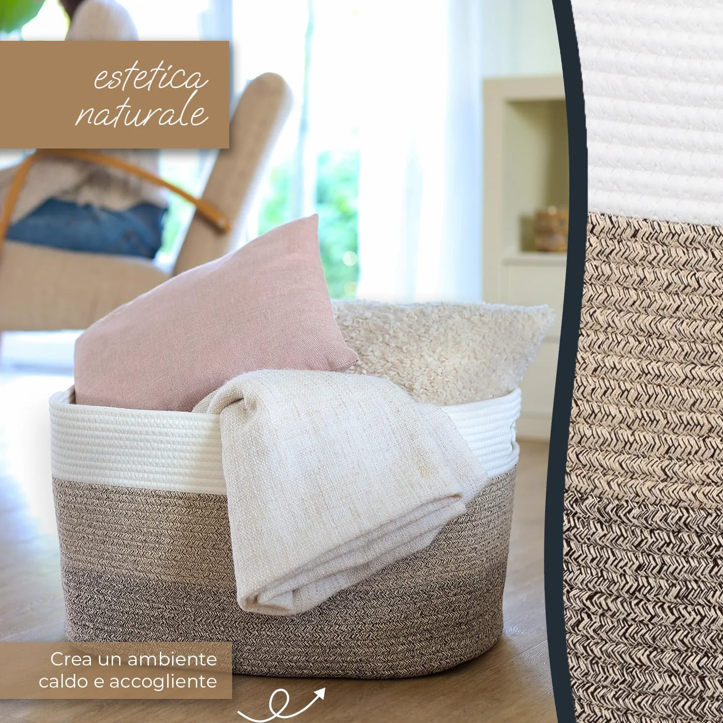 HMF XXL Cesto portabiancheria in cotone, cesto contenitore angolare con manici | 55 x 43 x 30 cm | Bianco-Marrone
