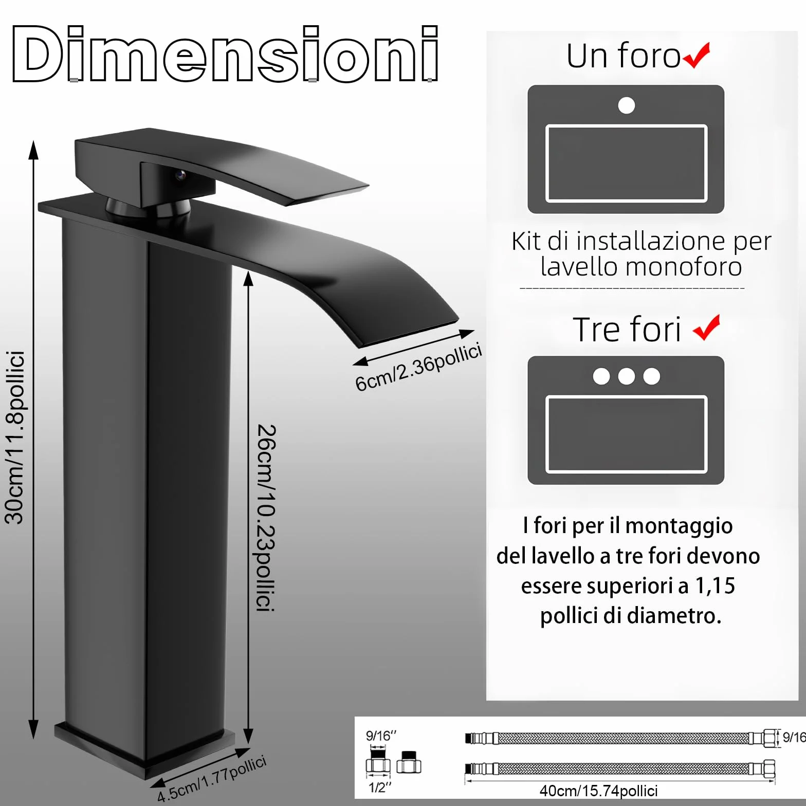 VOLTIX Rubinetto per Bagno a Cascata - Miscelatore Monocomando per Lavabo con Risparmio Idrico - Regolabile per Acqua Calda e Fredda - Rubinetto Lavabo Moderno Design Elegante per Bagno (Nero/Alto)