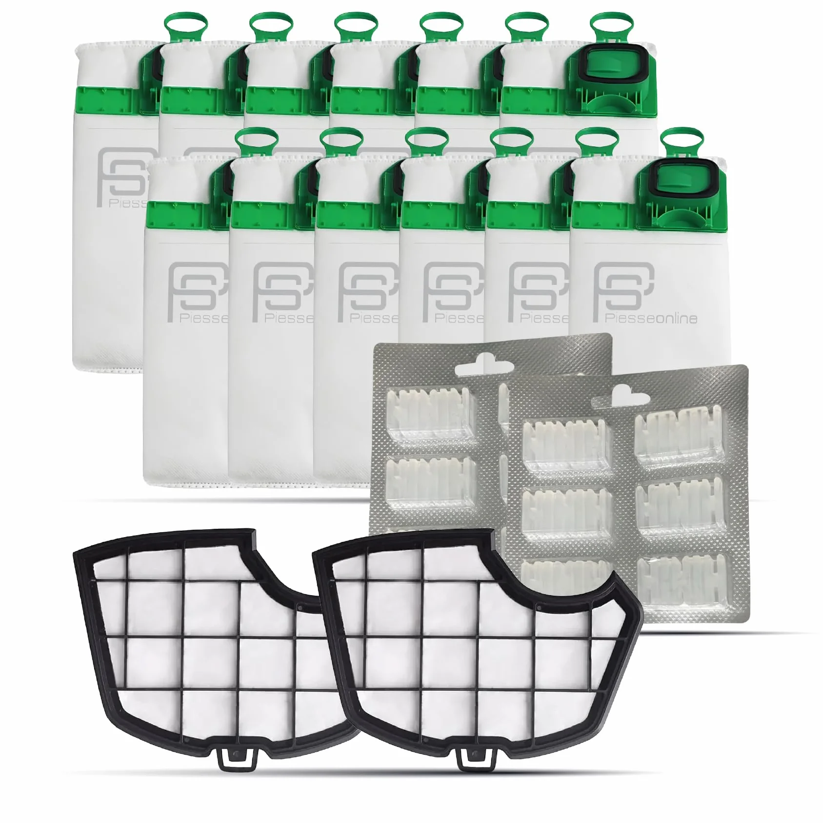 Kit Risparmio 12 Sacchetti Folletto VK140 con Profumatori 12 pezzi, 2 Filtri Griglia Motore, Ricambi Compatibili per Folletto VK140